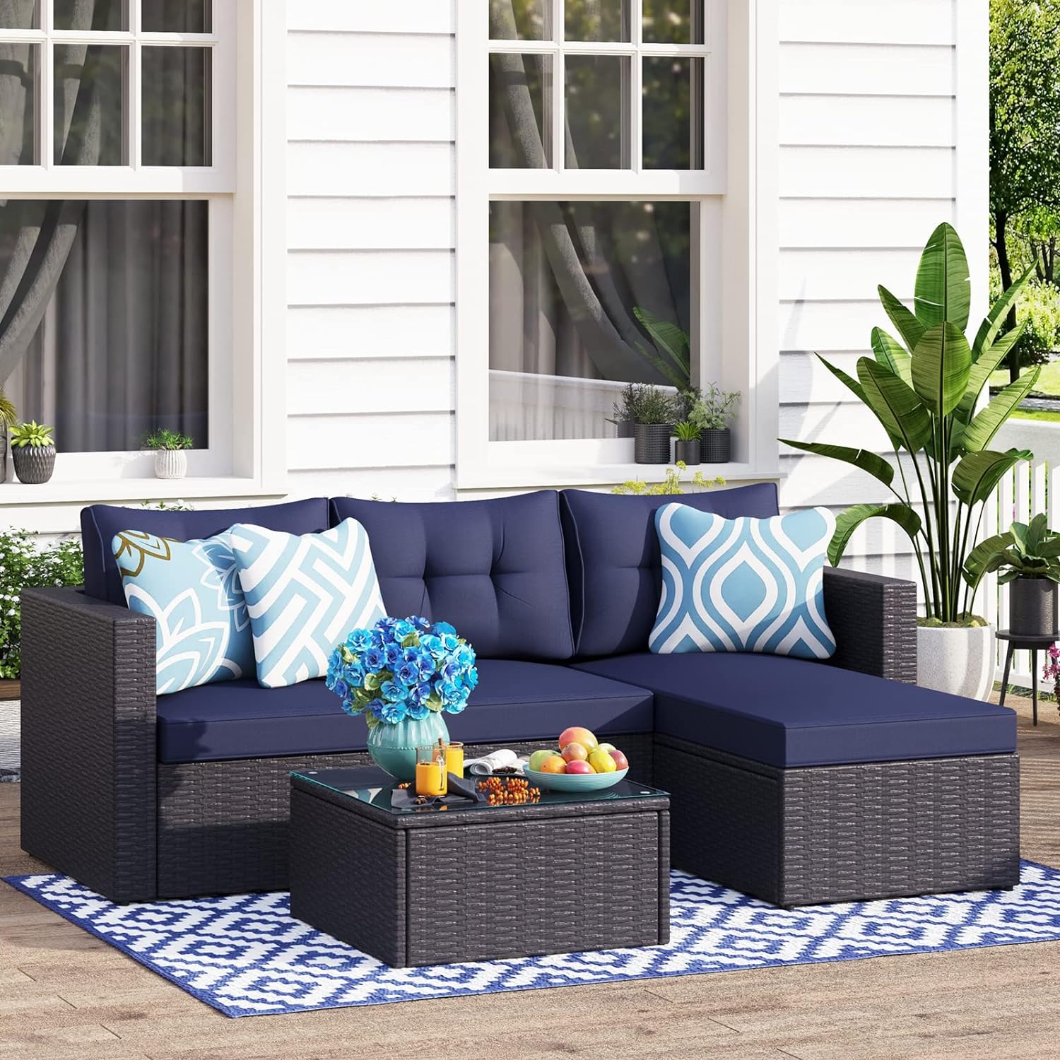 PHI VILLA Patio Sofa Set,3 Pieces All-Weather Upgrade Wicker Outdoor Sectional Sofa,L-Shaped Small Patio Conversation Furniture Set with Cushion and Coffee Table(Navy Blue)