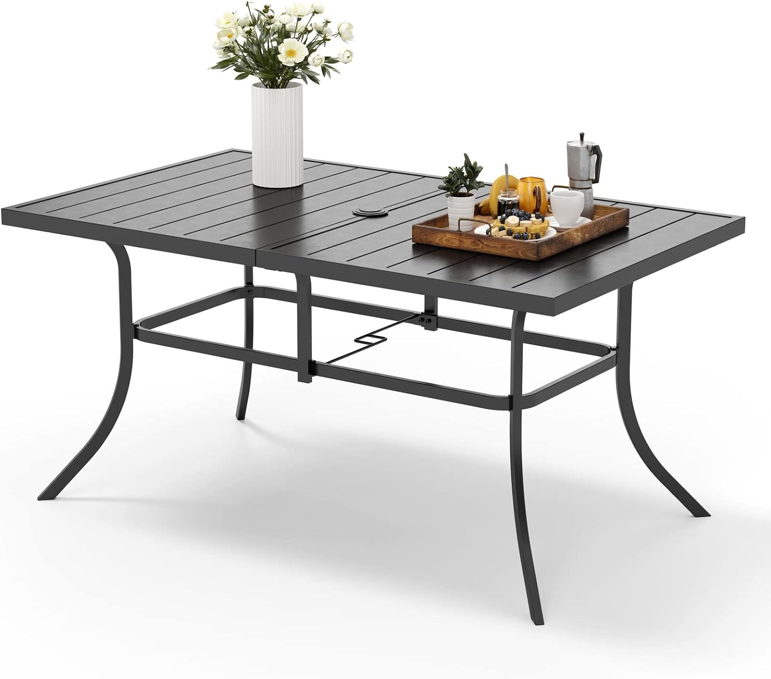 MFSTUDIOO 6-Person Outdoor Metal Steel Slat Dining Rectangle Table with Adjustable Umbrella Hole, Black
