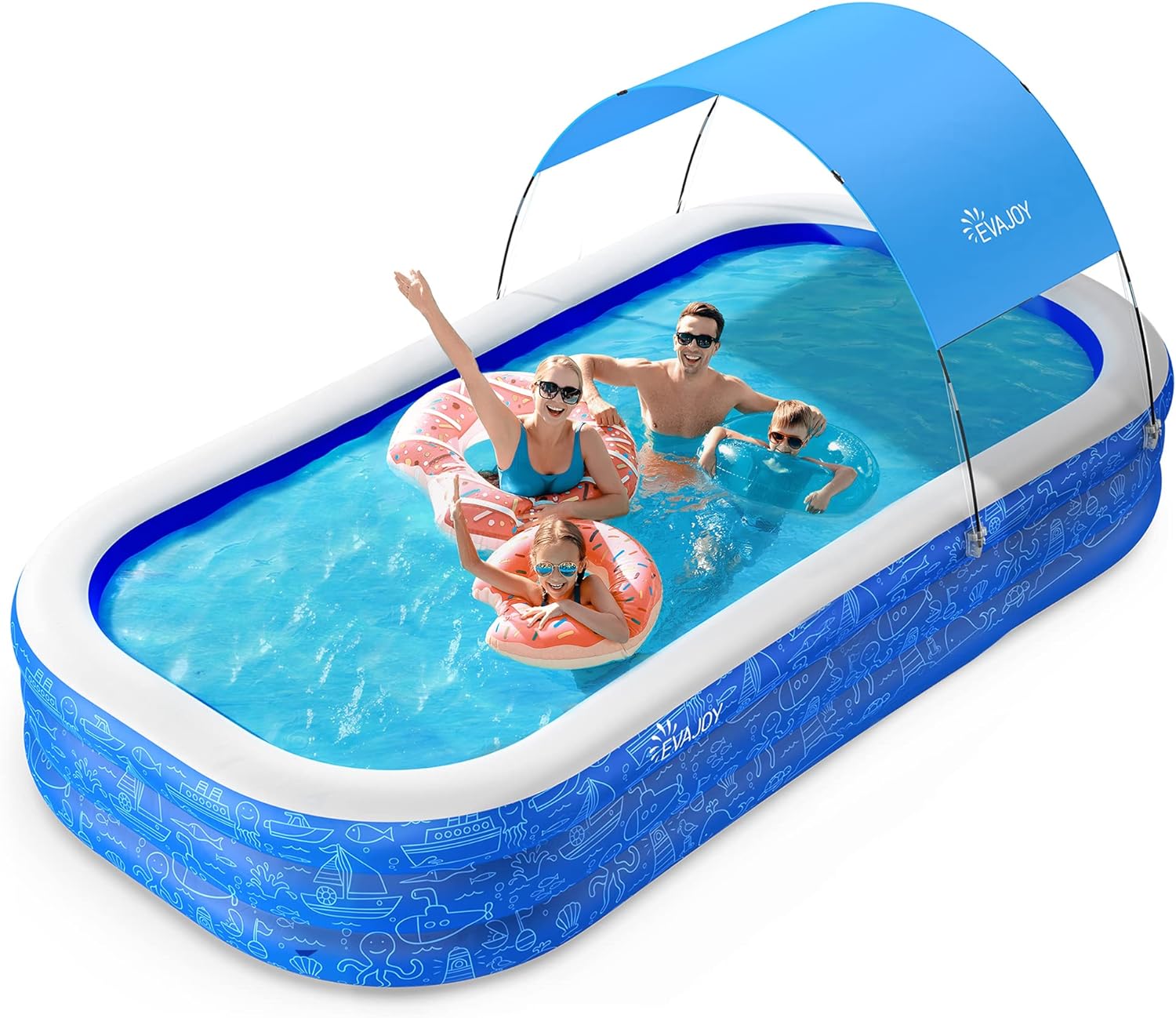 Large Inflatable Swimming Pool with Canopy, 150 x 70 x 20 Full-Sized Inflatable Pool for Kids & Adults, Kiddie Pool with Sun Shade, Blow Up Pool for Backyard, Garden, Age 3+, Blue