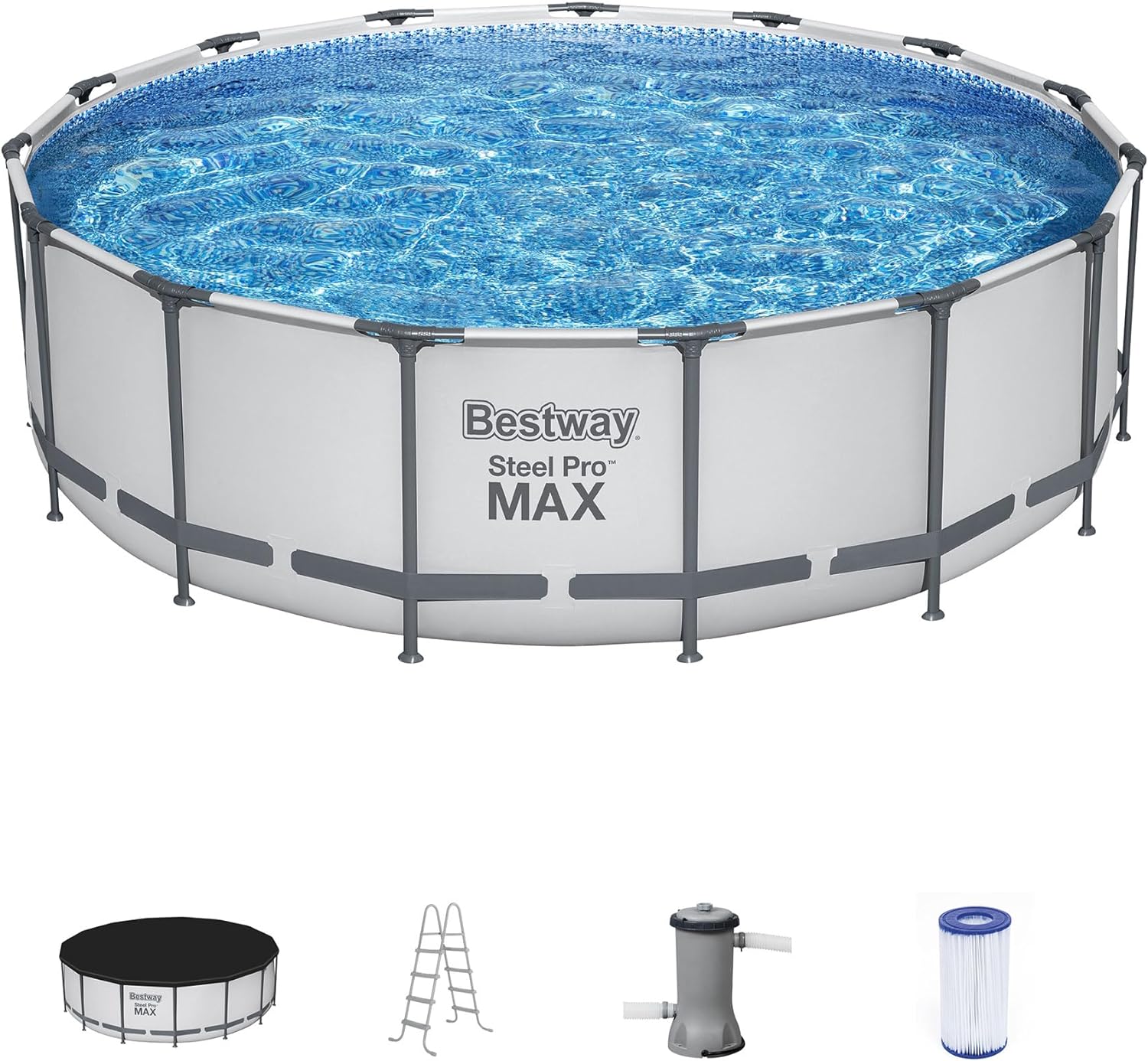 Bestway Steel Pro MAX 15 Foot by 48 Inches Round Above Ground Family Swimming Pool Set Outdoor Steel Frame with Filter, Pump, Ladder, and Cover, Gray