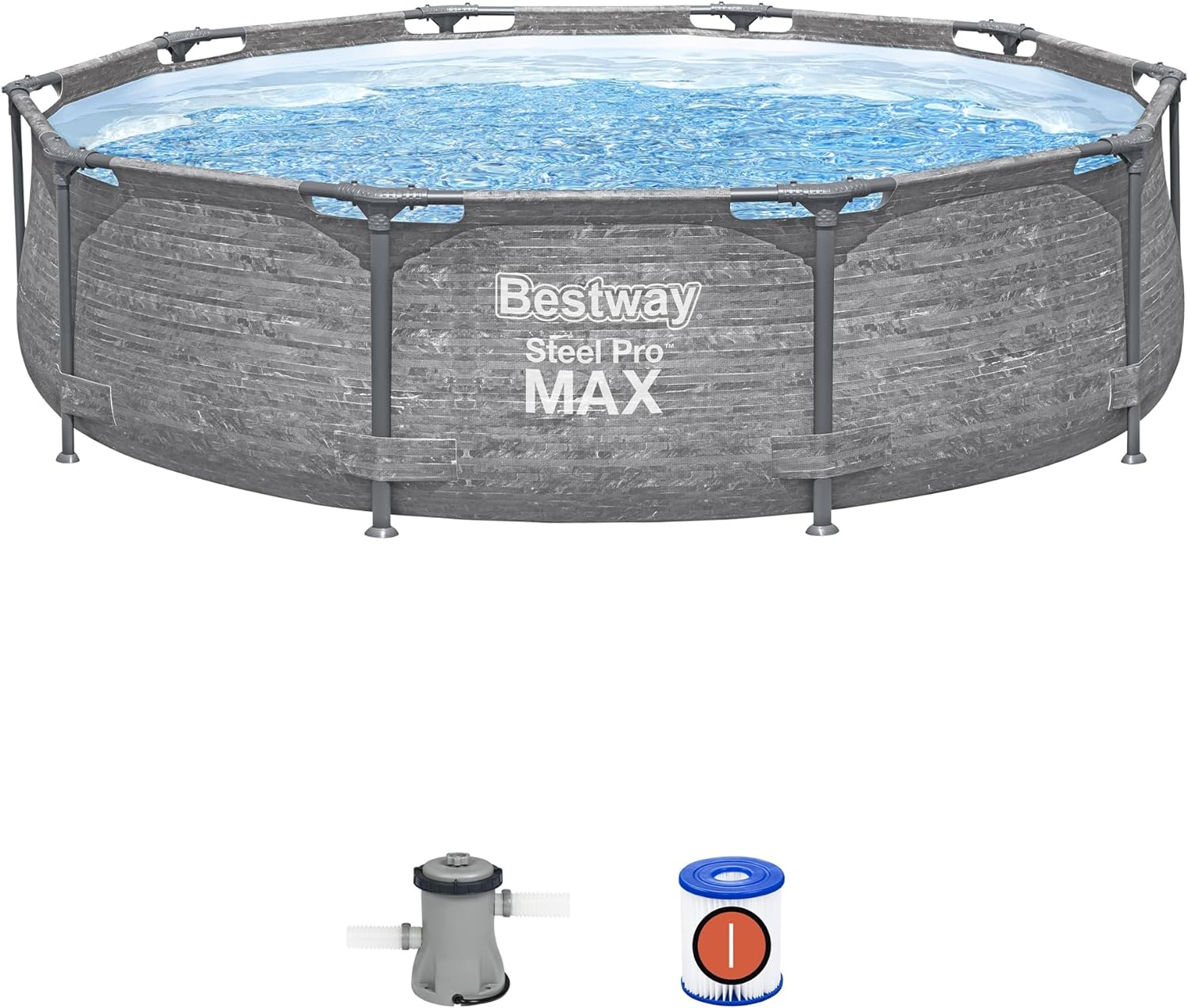 Bestway Steel Pro MAX 10' x 30 Round Above Ground Swimming Pool Set Outdoor Metal Frame Family Pool with Liner and Filter Pump, Gray