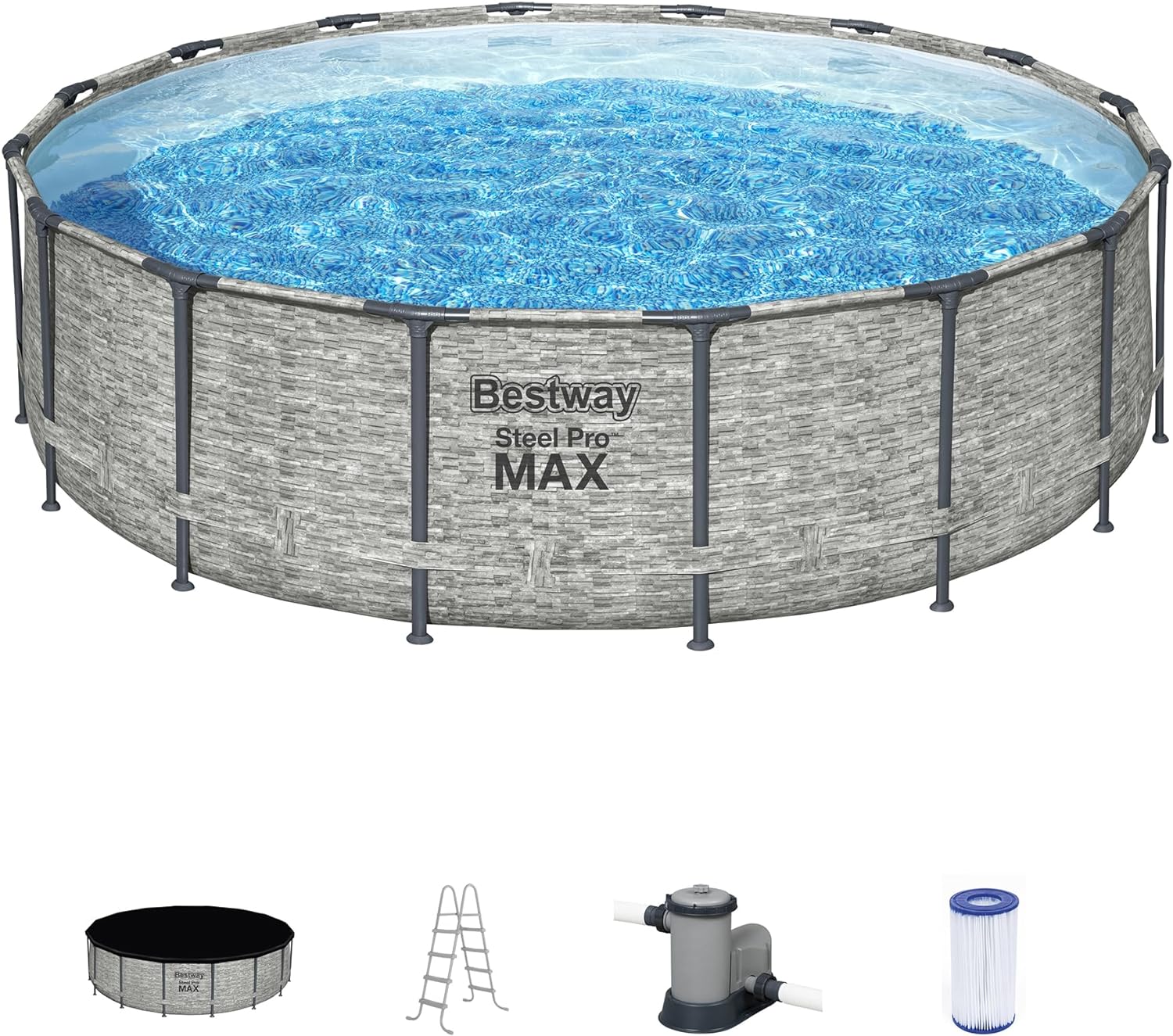 Bestway Steel Pro MAX Ultra Durable 16 Foot Round Above Ground Pool Set with 3 Layer Liner, 1500 Gallon Pump, Ladder, and Pool Cover