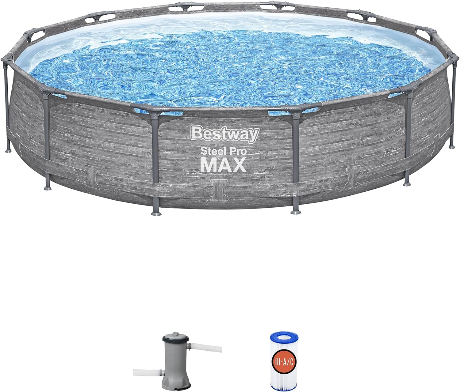 Bestway Steel Pro MAX 12' x 30 Round Above Ground Swimming Pool Set Outdoor Metal Frame Family Pool with Liner and Filter Pump, Gray