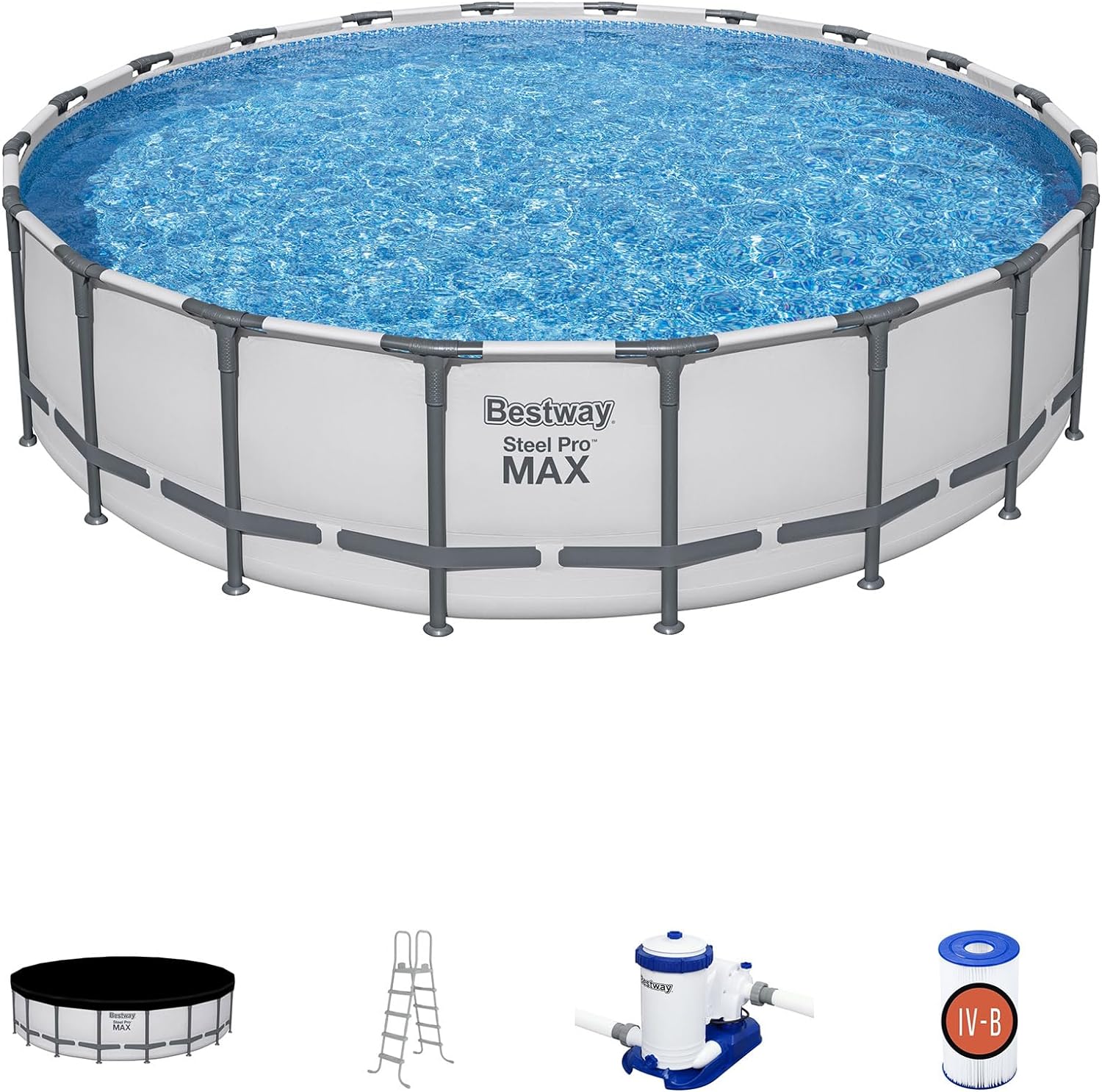 Bestway Steel Pro MAX 20 Foot x 52 Inch Round Above Ground Swimming Pool Set Outdoor Metal Frame Family Pool with Filter Pump, Ladder, and Cover, Gray