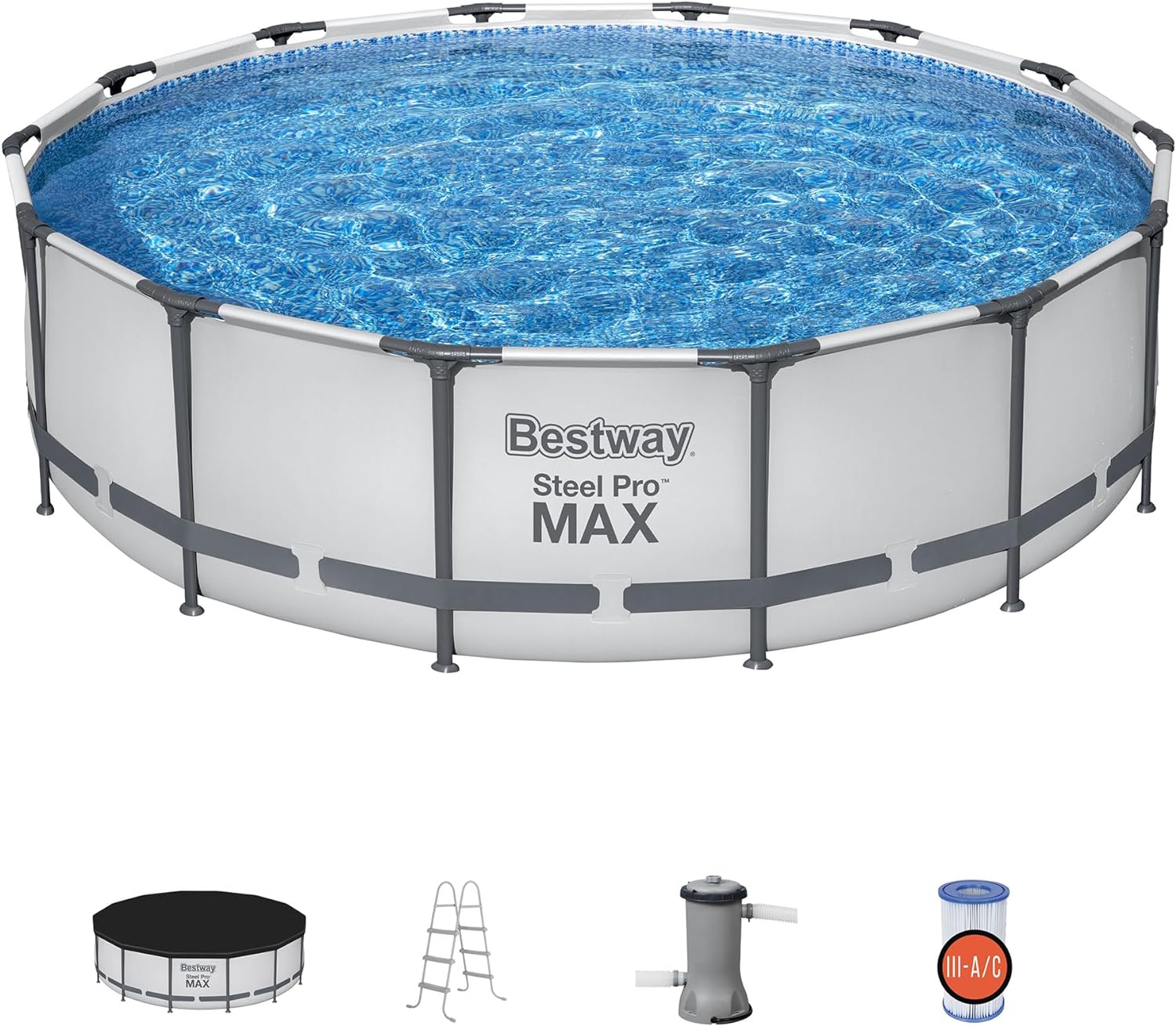 Bestway Steel Pro MAX 14' x 42 Round Above Ground Swimming Pool Set Outdoor Metal Frame Family Pool with Filter Pump, Ladder, and Cover, Gray