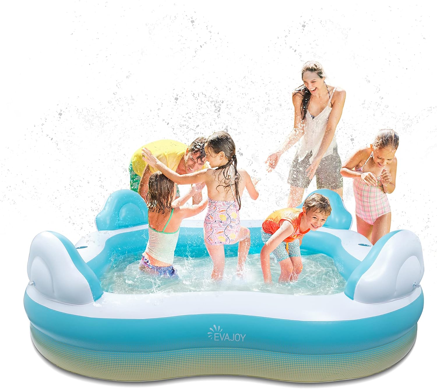 Inflatable Swimming Pool, EVAJOY Inflatable Pool for Kids, Adults, Family-Sized Above Ground Swimming Pool with 4 Seats, 4 Backrests, Cup Holders, for Backyard, Garden, Outdoors, 200 gal