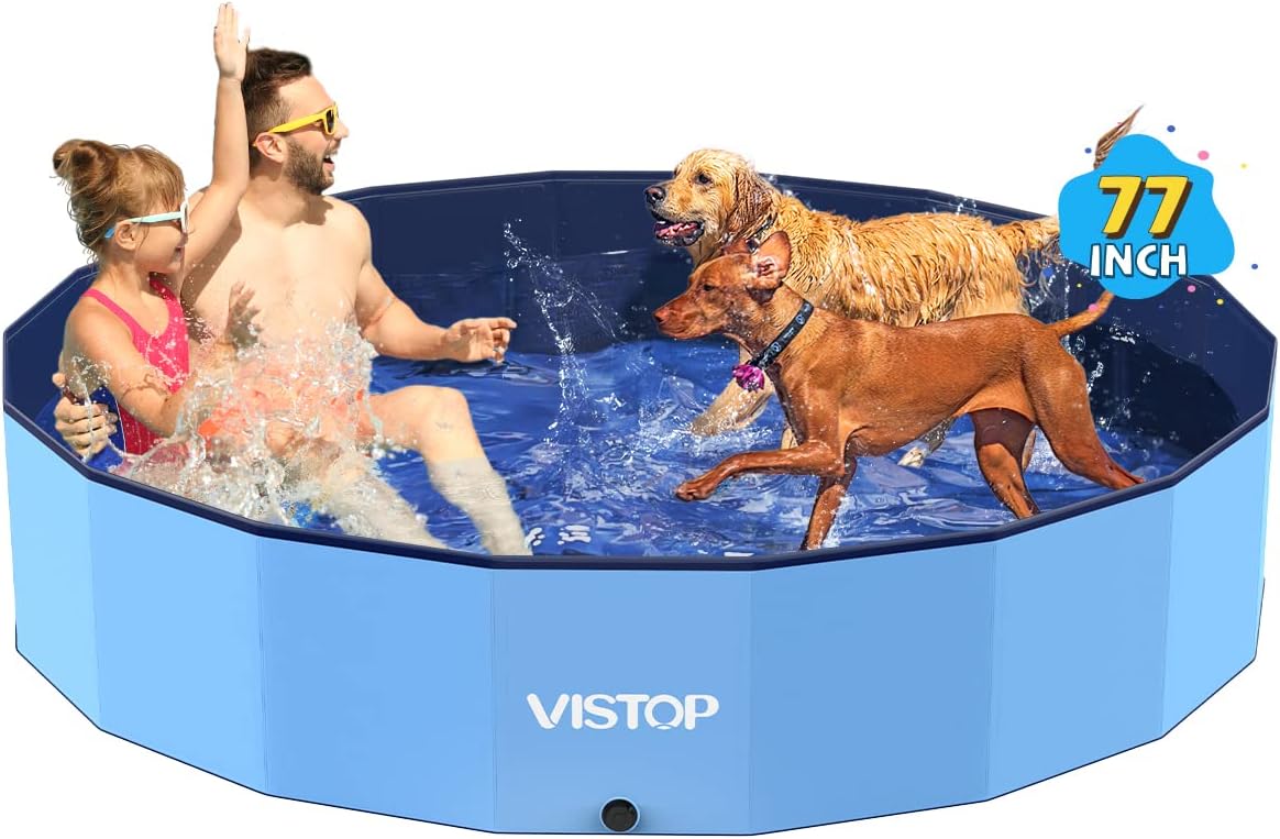 VISTOP Foldable Dog Pool, Hard Plastic Shell Portable Swimming Pool for Dogs Cats and Kids Pet Puppy Bathing Tub Collapsible Kiddie Pool (Blue, 3XL- 77 x 16)