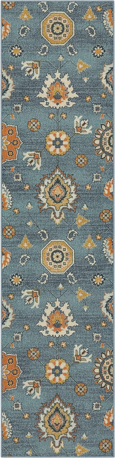 Maples Rugs Fleur Contemporary Motif Hallway Entryway Runner Non Skid Runner Rug [Made in USA], Blue/Multi, 2' x 8'