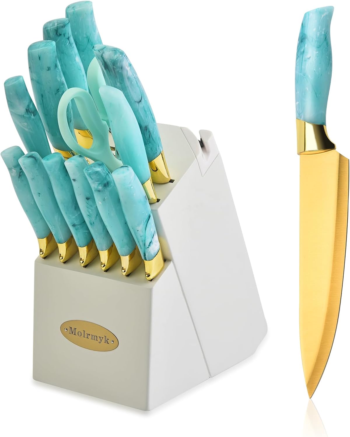 Knife Set, Non Stick Thick and Sharp Stainless Steel Kitchen Knives Set with Wood Block, 14 Pcs Cutlery Knives Block Set with Steak Knife, Bread Knife, Scissors, Chef Quality (Teal)