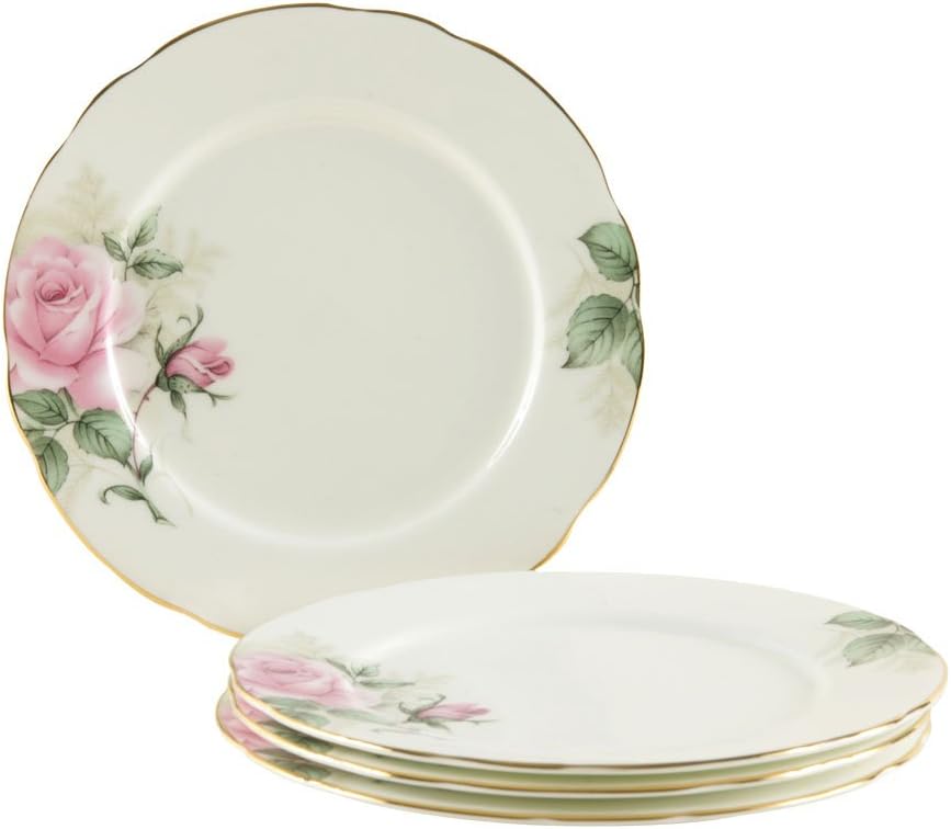 Gracie Bone China 7-1/2-Inch Dessert Plate, Pink Green Rose Bouquet, Set of 4, Gold Trimmed