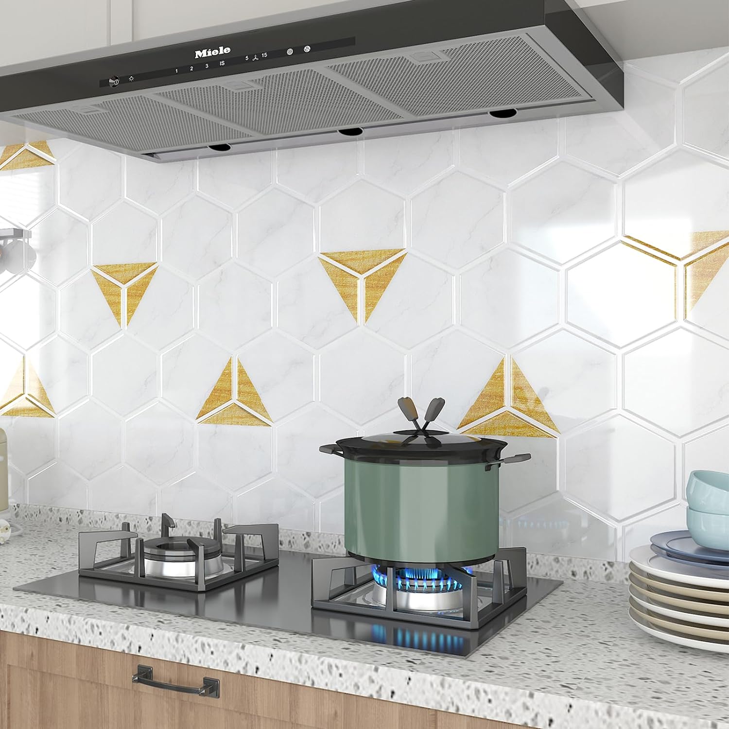 FunStick 15 Tiles White Gold Peel and Stick Backsplash for Kitchen Marble 12x12 3D Hexagon Stick on Back Splashes for Kitchens Peel and Stick Wall Tile Stickers for Bathroom Shower Tile Removable