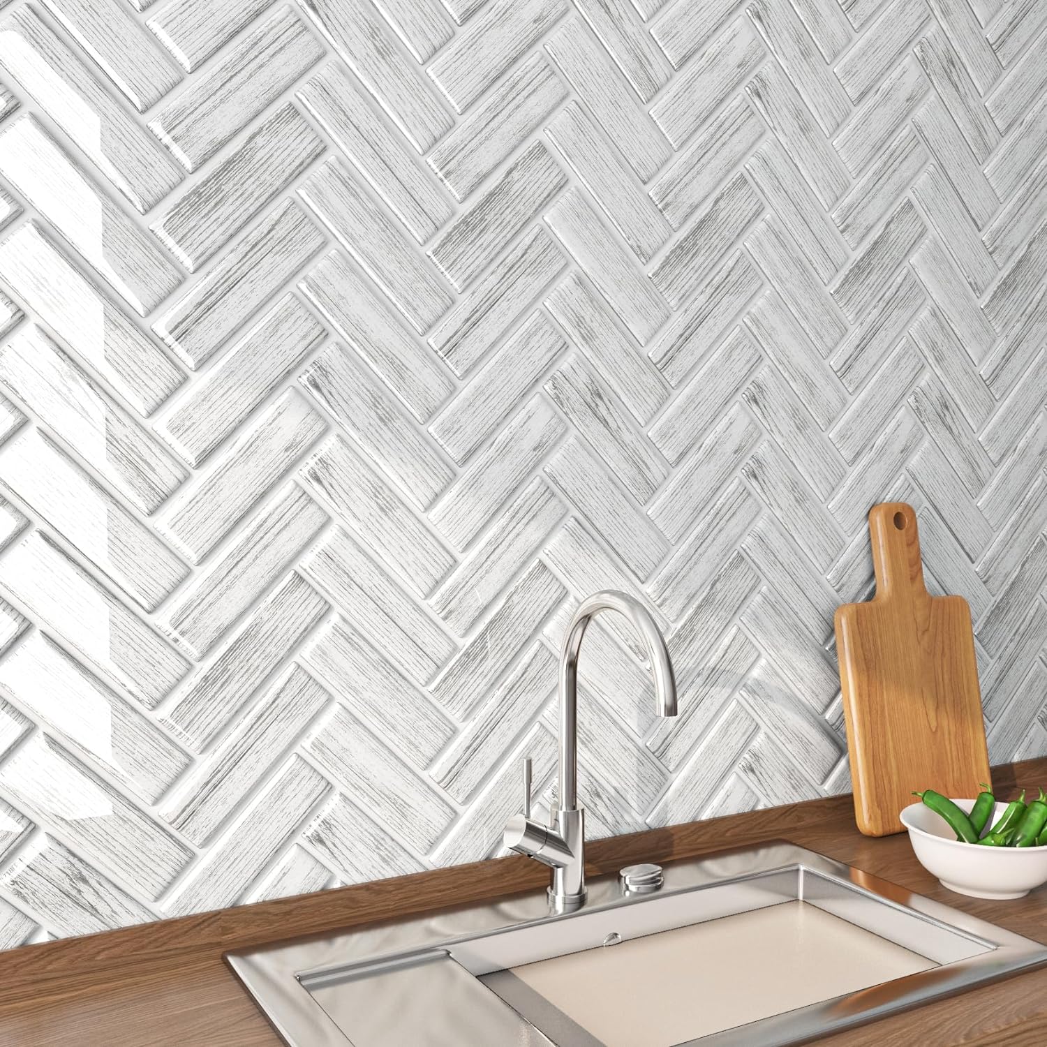 FunStick 15 Tiles White Grey Subway Tile Peel and Stick Backsplash Tile Stickers for Kitchen 12x12 Herringbone Wood Stick on Back Splashes for Kitchens Peel and Stick Wall Tiles for Bathroom Shower