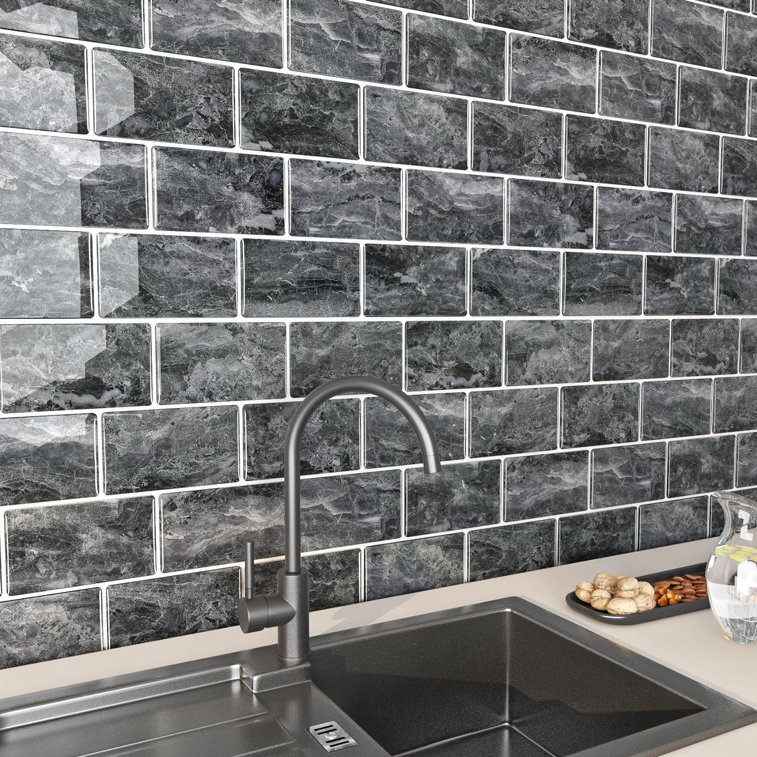 FunStick Marble Subway Tile Peel and Stick Backsplash for Kitchen 12x12 Dark Grey Stick on Back Splashes for Kitchens Peel and Stick Wall Tiles for Bathroom Shower Tile Stickers Waterproof 5 Sheets