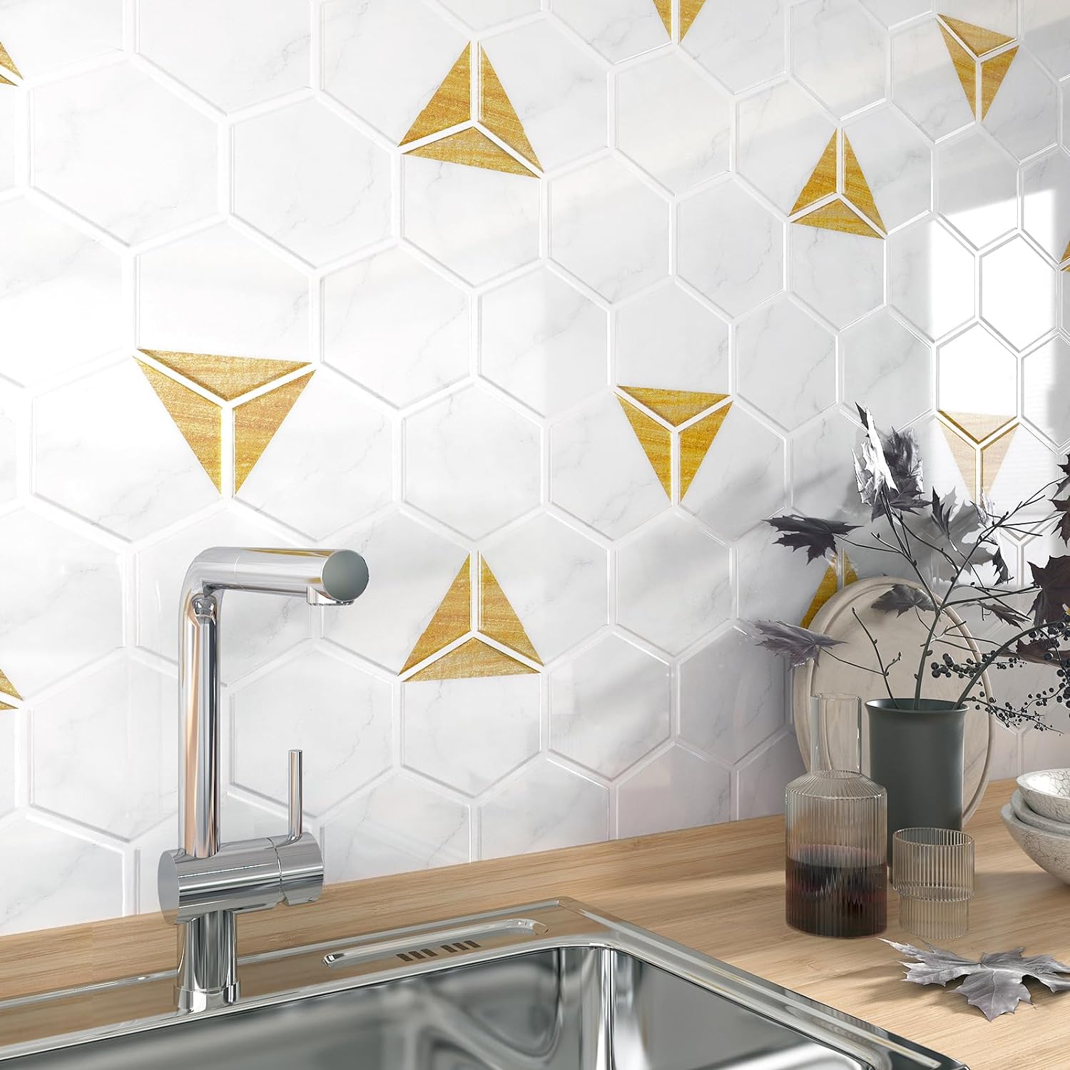 FunStick Hexagon Peel and Stick Backsplash for Kitchen 12x12 White Gold Peel and Stick Backsplash Tile Stickers Marble Self Adhesive Wall Tiles Stick on Tile for Bathroom Shower Waterproof 5 Sheets