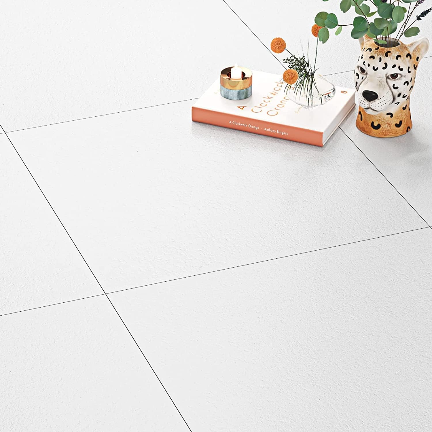 FunStick White Floor Tiles Peel and Stick Waterproof 12x12 In 15 Pcs White Vinyl Flooring Peel and Stick Bathroom Floor Tile Stickers Removable Stick on Laminate Linoleum Flooring for Kitchen Basement