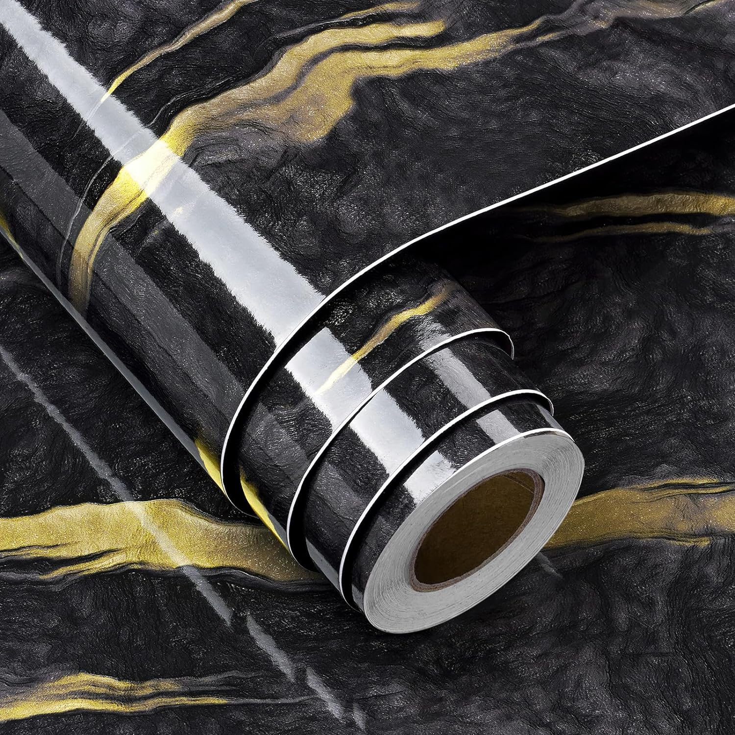 FunStick Black Liquid Marble Contact Paper for Countertops Waterproof Black Gold Marble Wallpaper Peel and Stick Countertop Paper for Kitchen Bathroom Removable Marble Wall Paper for Cabinets 12x200