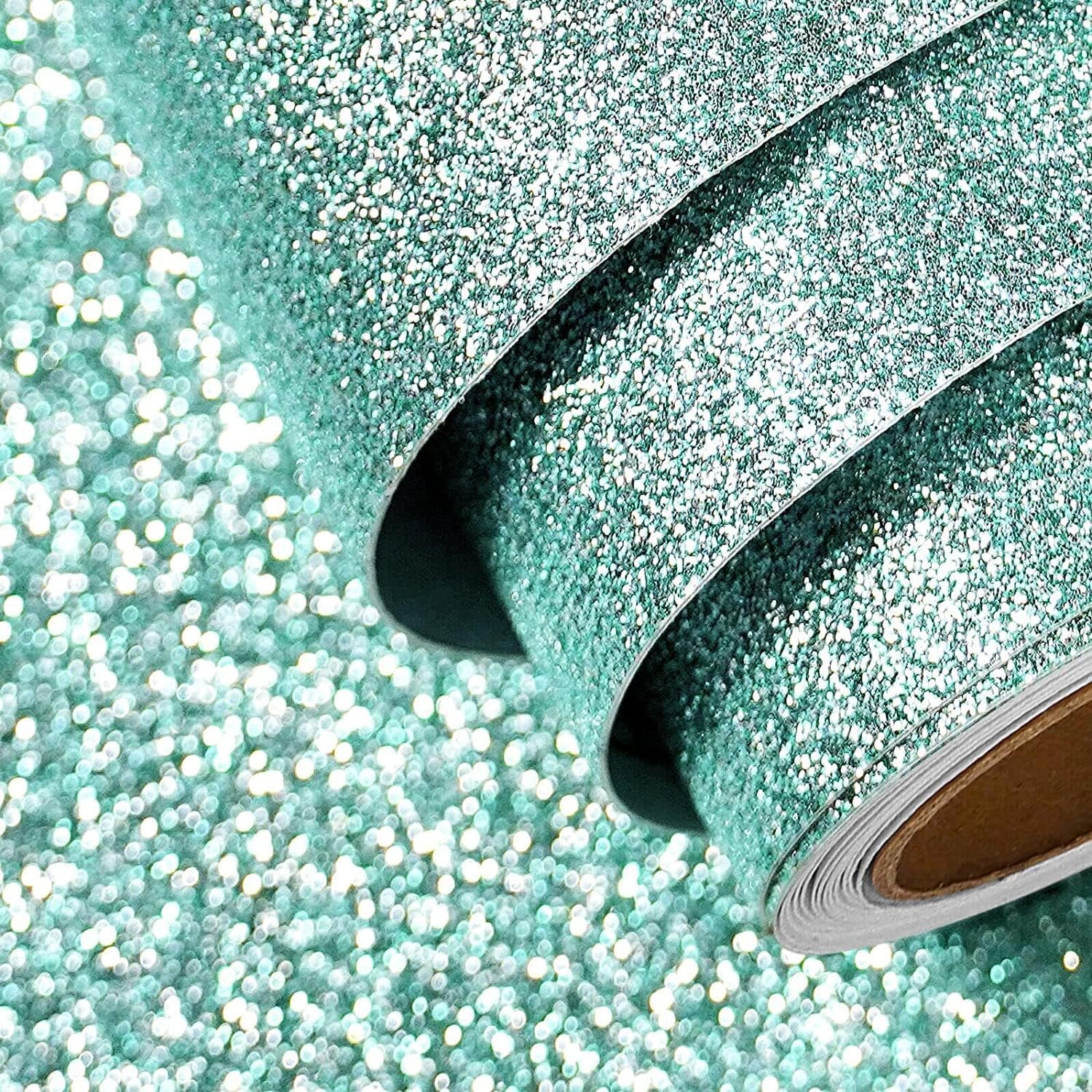 FunStick Light Teal Glitter Wallpaper Self Adhesive Teal Glitter Contact Paper Decorative Removable Sparkle Teal Peel and Stick Wallpaper for Room Walls Cabinets Dresser Furniture Crafts 15.8x78.8