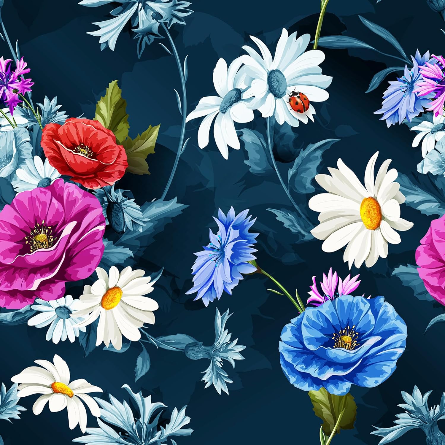 FunStick 17.5x354 Dark Blue Floral Peel and Stick Wallpaper Removable Prepasted Vintage Poppy Daisy Floral Wallpaper Waterproof Blue Floral Contact Paper for Bedroom Living Room Accent Wall Drawers