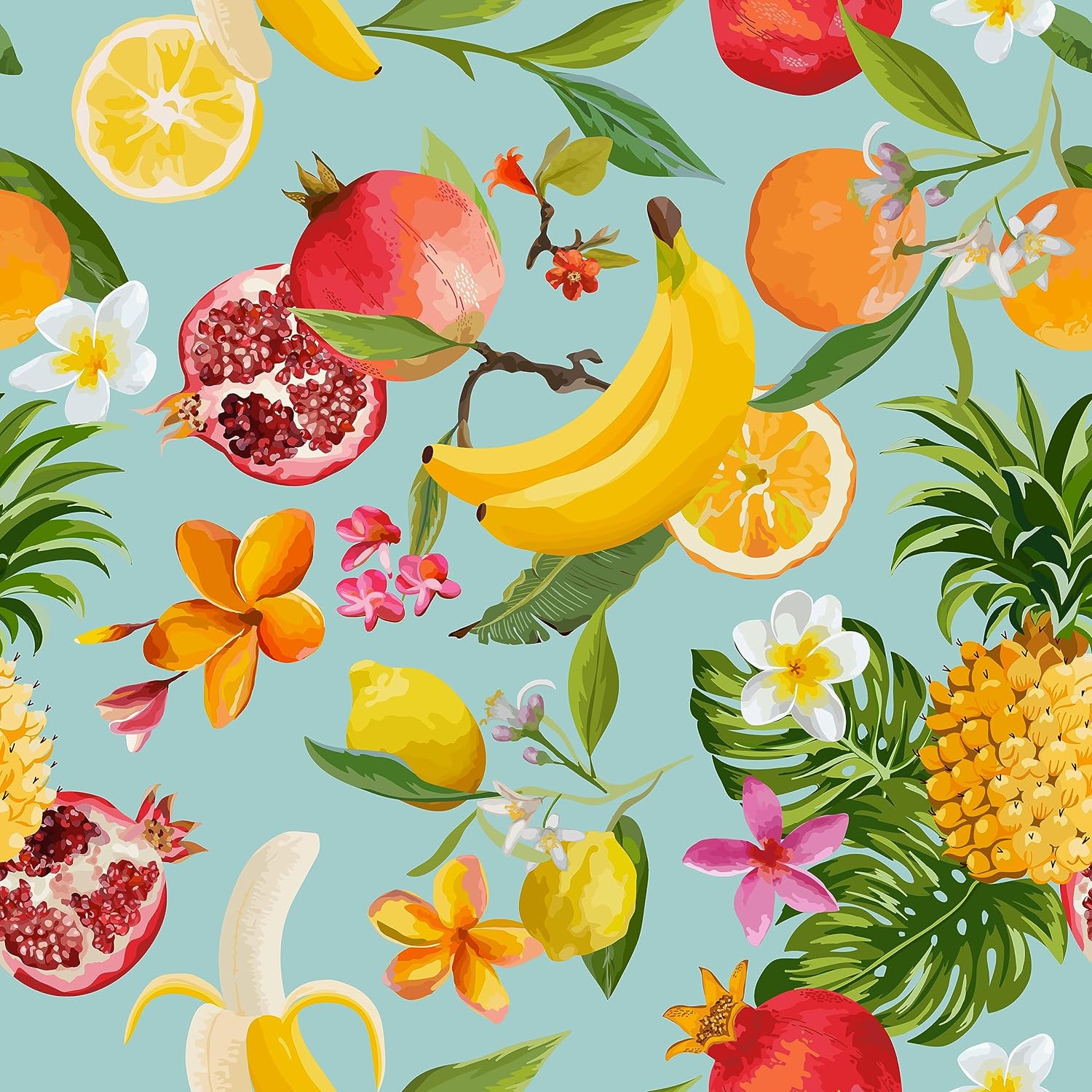 FunStick 17.5x354 Light Teal Floral Wallpaper Citrus Lemon Fruit Floral Peel and Stick Wallpaper Mural Waterproof Removable Vinyl Wallpaper Teal Floral Contact Paper for Cabinets Bedroom Wall Decor