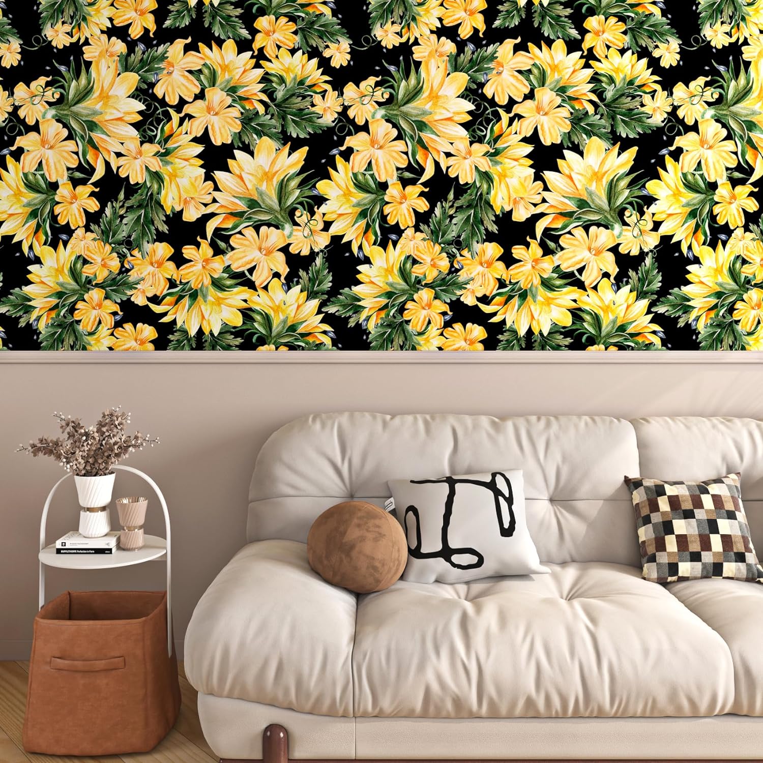 FunStick Vintage Dark Floral Peel and Stick Wallpaper Black Yellow Wallpaper Self Adhesive Daffodil Floral Wall Paper Removable Floral Contact Paper for Cabinets Bedroom Bathroom Wall Decor 17.5x118