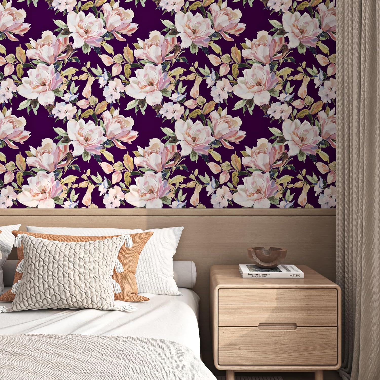 FunStick 17.5x354 Dark Purple Peel and Stick Wallpaper Boho Pink Peony Floral Wallpaper Removable Floral Purple Contact Paper Waterproof Flower Wallpaper Mural for Girls Bedroom Bathroom Renters DIY