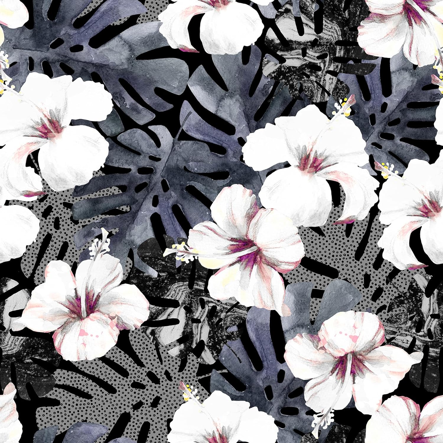 FunStick 17.5x354 Dark Floral Wallpaper Peel and Stick Black and White Wallpaper Self Adhesive Hibiscus Floral Wall Paper Removable Floral Black White Contact Paper for Cabinets Room Walls Renters