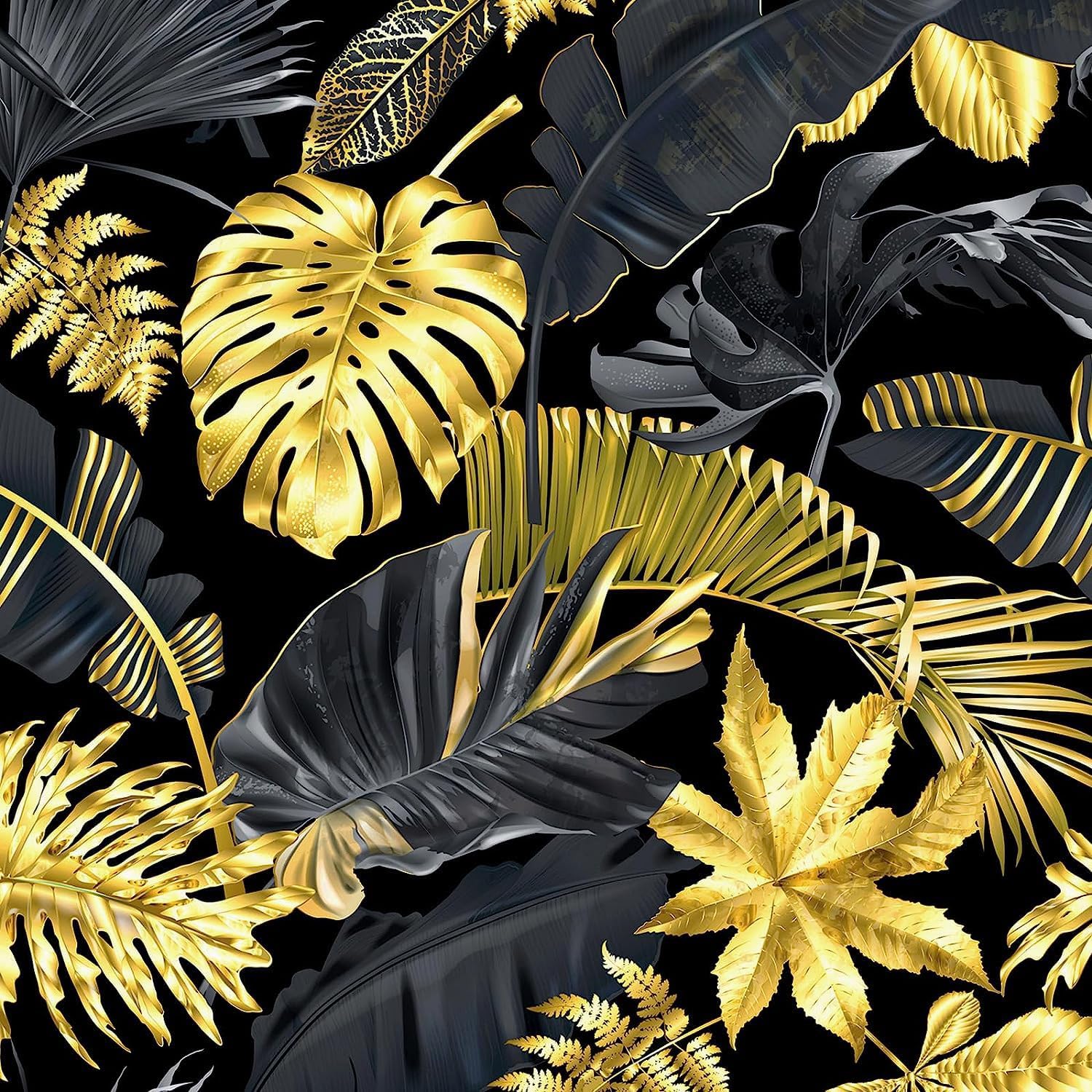 FunStick 17.5x354 Tropical Palm Leaf Wallpaper Peel and Stick Wallpaper Black and Gold Leaf Wallpaper Self Adhesive Removable Leaf Wall Paper Roll Leaf Contact Paper for Cabinets Bedroom Wall Decor