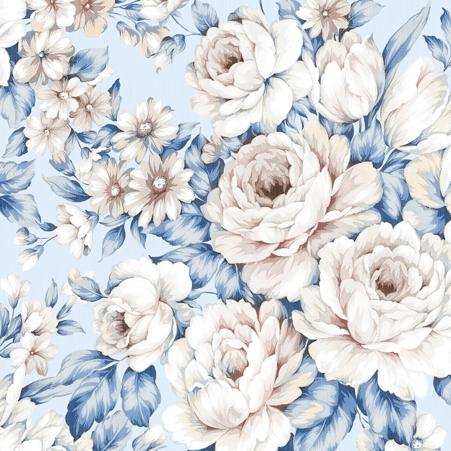 FunStick 17.5x354 Blue Floral Wallpaper Peel and Stick Boho Peony Floral Wallpaper Mural Removable Self Adhesive Flower Wall Paper Decor Blue White Floral Contact Paper for Cabinets Bedroom Bathroom