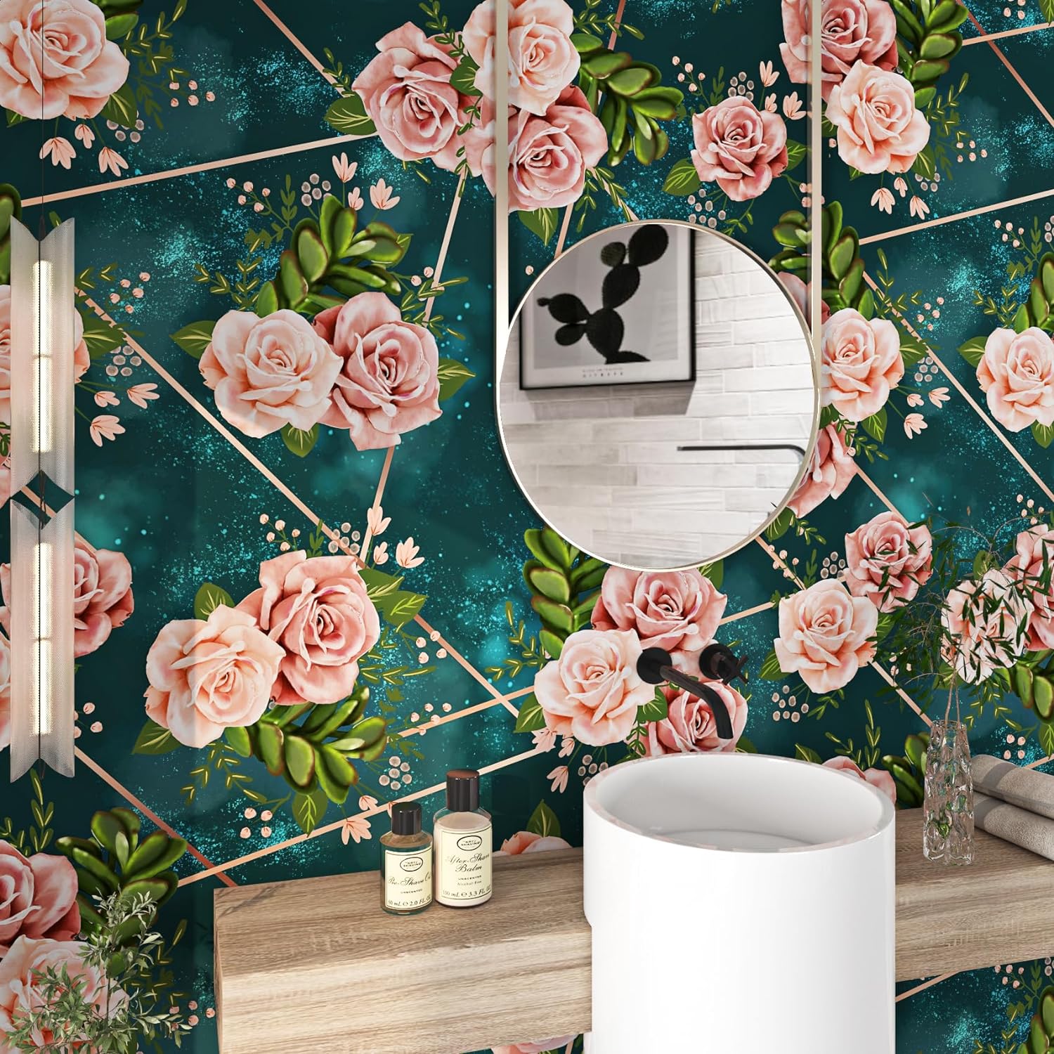 FunStick 17.5x354 Dark Teal Green Floral Peel and Stick Wallpaper Boho Rose Floral Wallpaper Removable Adhesive Pink Flower Wall Paper Mural Floral Contact Paper for Cabinets Girls Bedroom Drawers