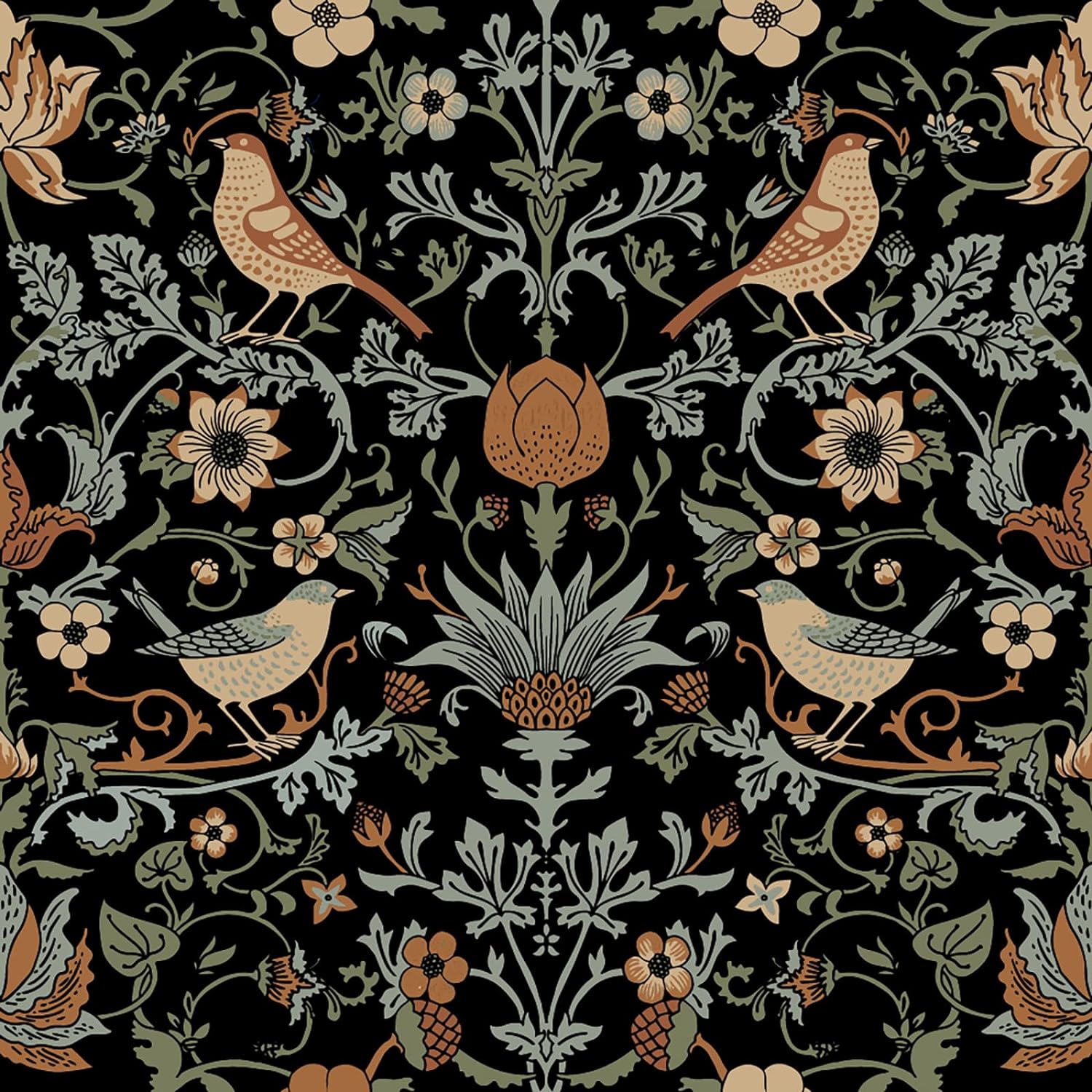 FunStick Vintage Black Floral Wallpaper Antique Leaf Bird Floral Peel and Stick Wallpaper for Bedroom Walls Brown Green Floral Contact Paper for Cabinets Peel and Stick Removable Wall Paper 17.5x118