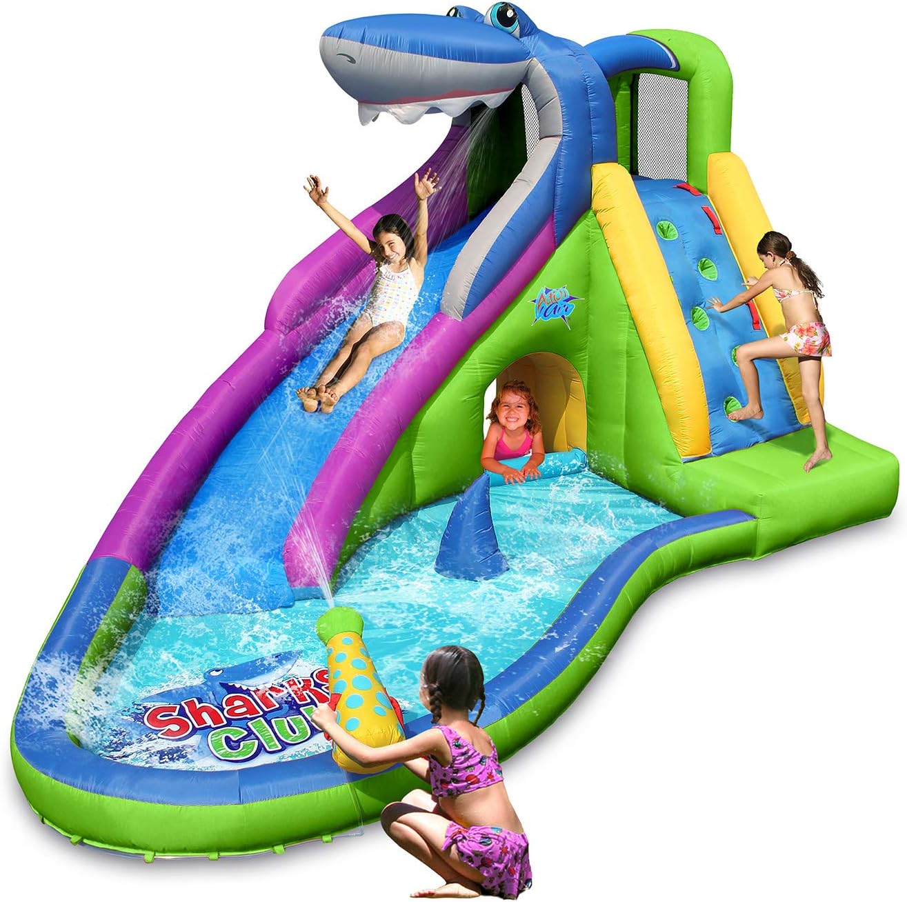 ACTION AIR Inflatable Water Slide, Shark Bounce House with Slide for Wet and Dry, Playground Sets for Kids Backyard, Water Spray & Water Pool, Durable Sewn with Extra Thick Material