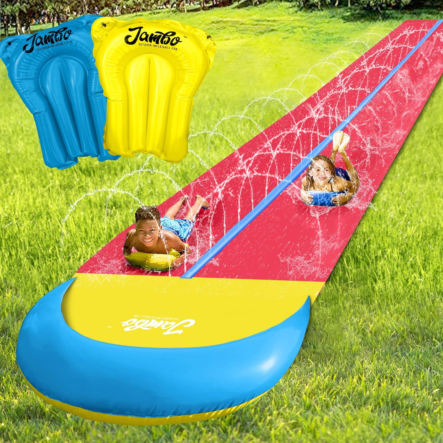 Jambo 32' XXL Extra Long Slip Splash and Slide with 2 Bodyboards, Heavy Duty Double Lane Water Slide with Inflatable Crash Pad, Slip Outdoor Backyard Water Toys and Slides