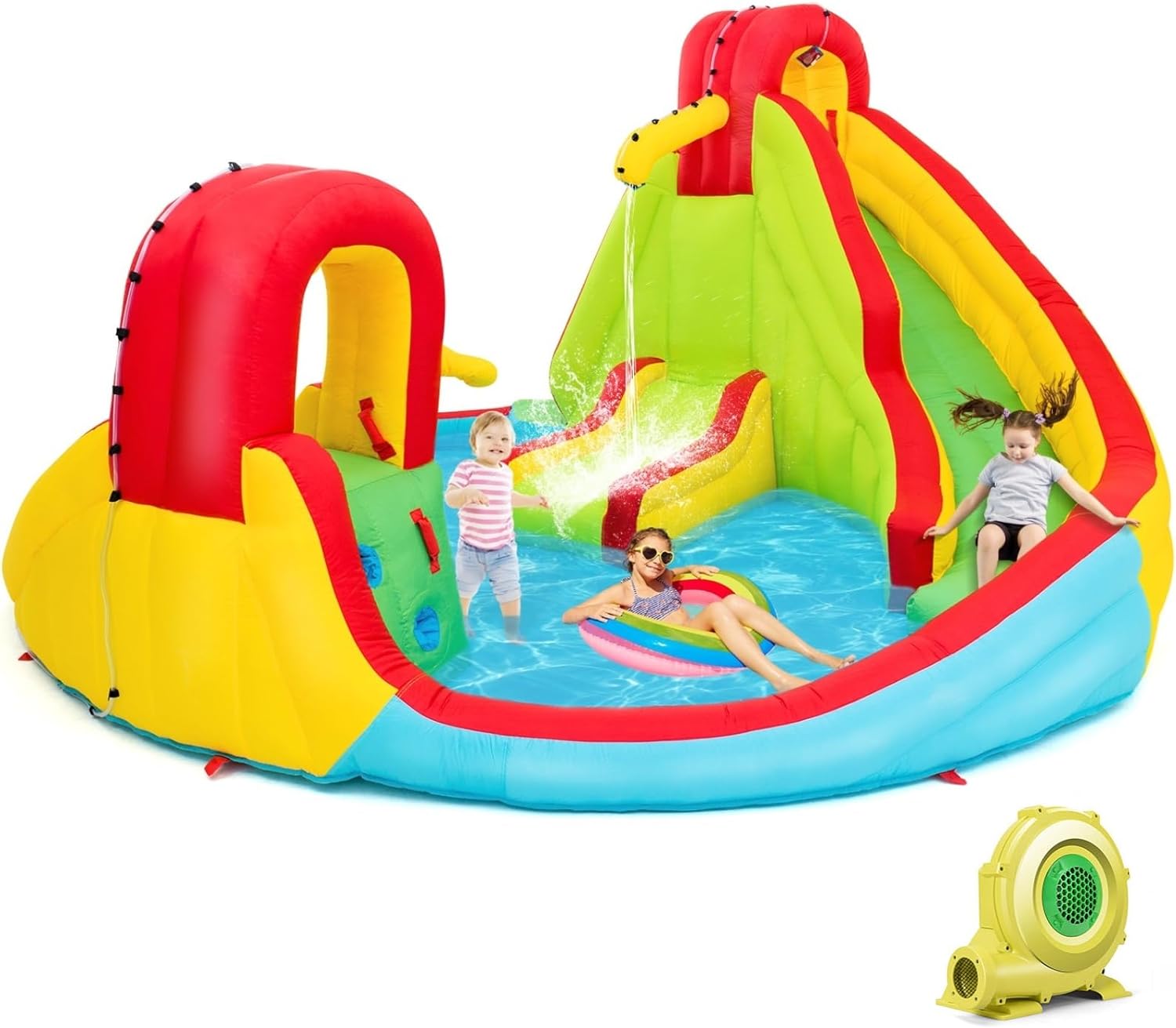 Costzon Inflatable Water Slide, Mega Waterslide Park for Kids Outdoor Party Fun with Dual Slides & Climbing Walls, Large Pool, 480W Blower, Water Slides Inflatables for Kids and Adults Backyard Gifts