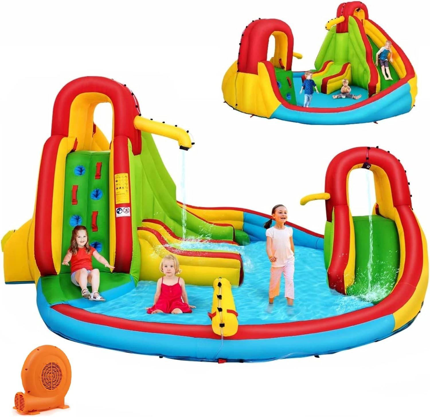 Costzon 7 in 1 Inflatable Water Slide, Mega Waterslide Park for Kids Backyard Fun with GFCI 550W Blower, Double Slides, Splash Pool, Water Slides Inflatables for Kids and Adults Outdoor Party Gifts
