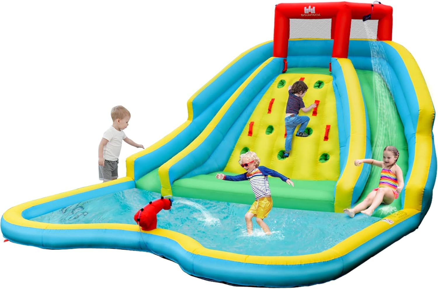 BOUNTECH Inflatable Water Slide, Mega Waterslide Park for Kids Backyard Outdoor Fun with Double Long Slides, Climbing Wall, Blow up Water Slides Inflatables for Kids and Adults Birthday Party Gifts