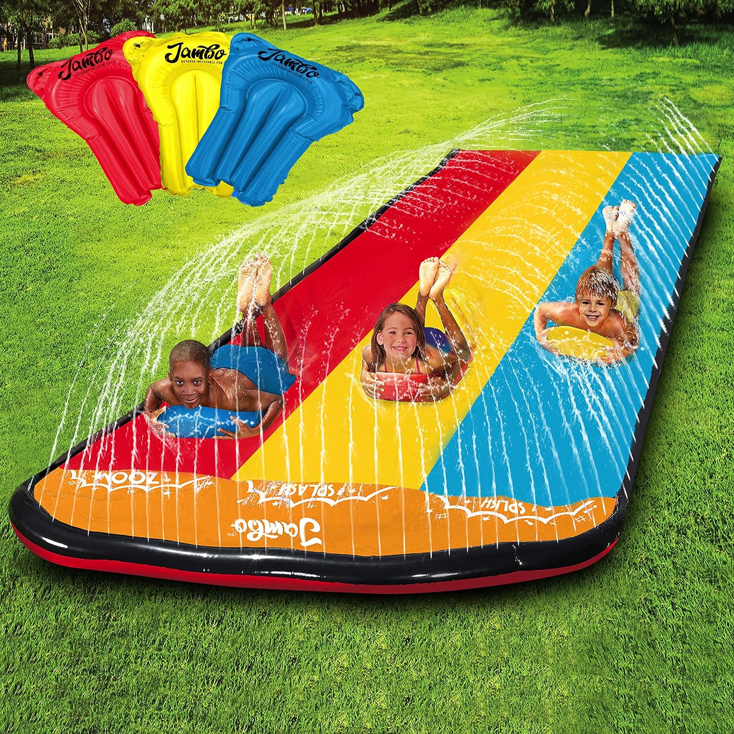 Jambo Premium Slip Splash and Slide with 3 Bodyboards, Heavy Duty Water Slide with Advanced 3-Way Water Sprinkler System, Backyard Waterslide Outdoor Water Toys n Slides for Kids