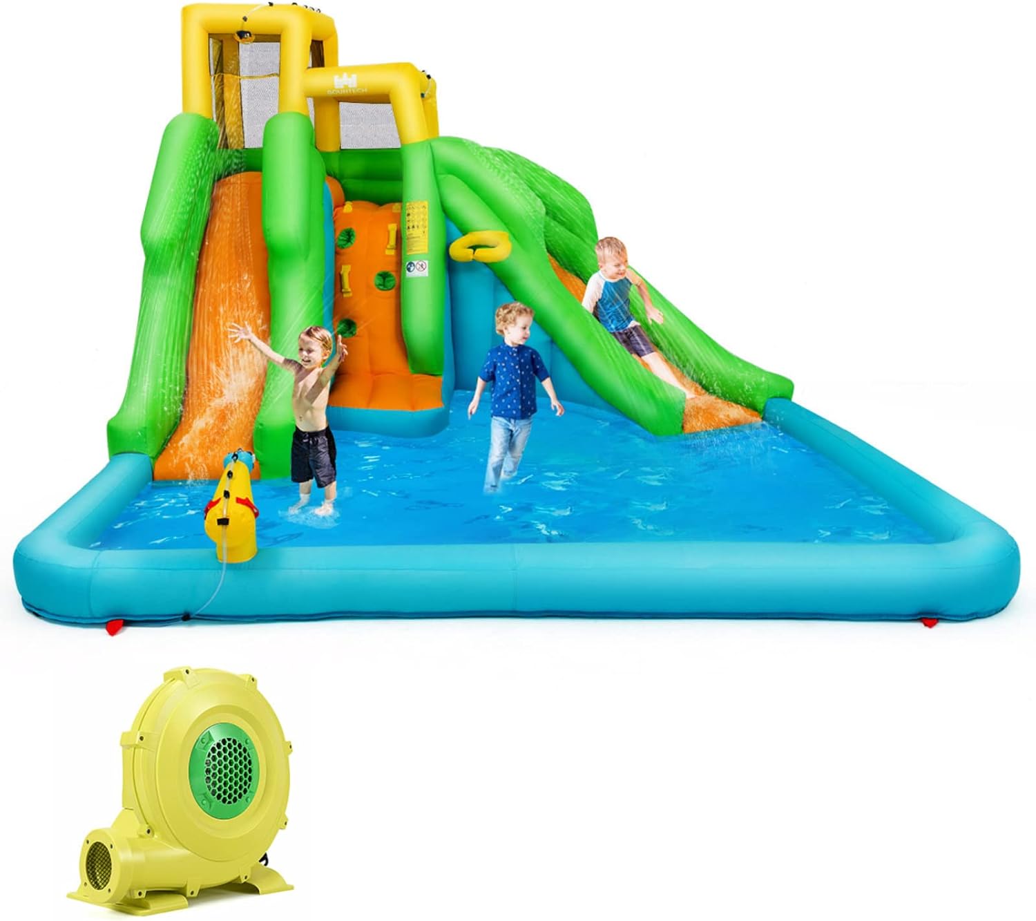 BOUNTECH Inflatable Water Slide, 6 in 1 Giant Waterslide Park for Kids Outdoor Fun with 480W Blower, 2 Slides, Splash Pool, Blow up Water Slides Inflatables for Kids and Adults Backyard Party Gifts
