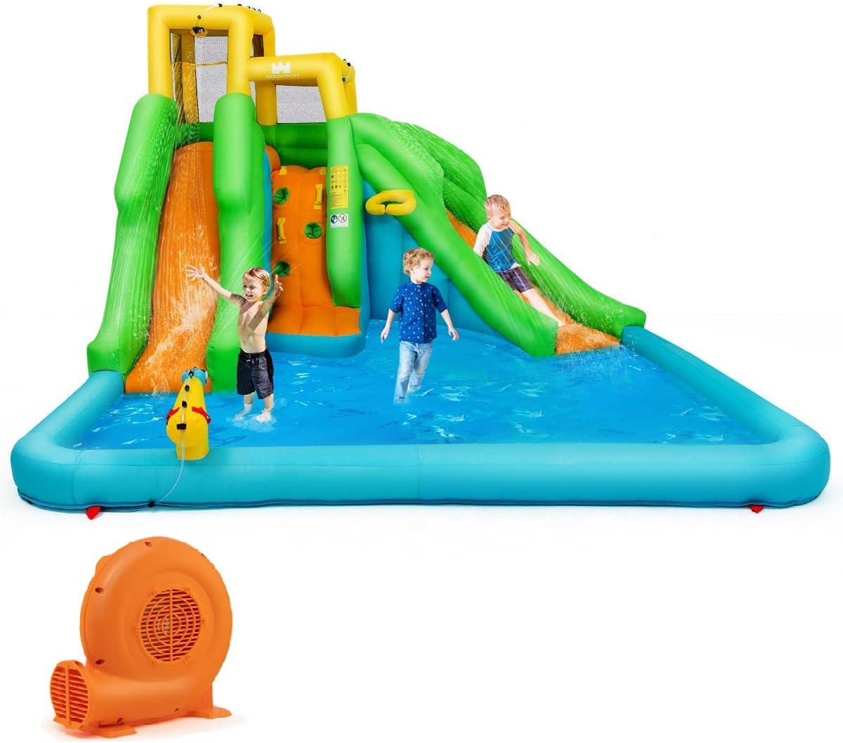 BOUNTECH Inflatable Water Slide, 6 in 1 Giant Waterslide Park for Kids Outdoor Fun with GFCI 550W Blower, 2 Slides, Splash Pool, Blow up Water Slides Inflatables for Kids and Adults Backyard Gifts