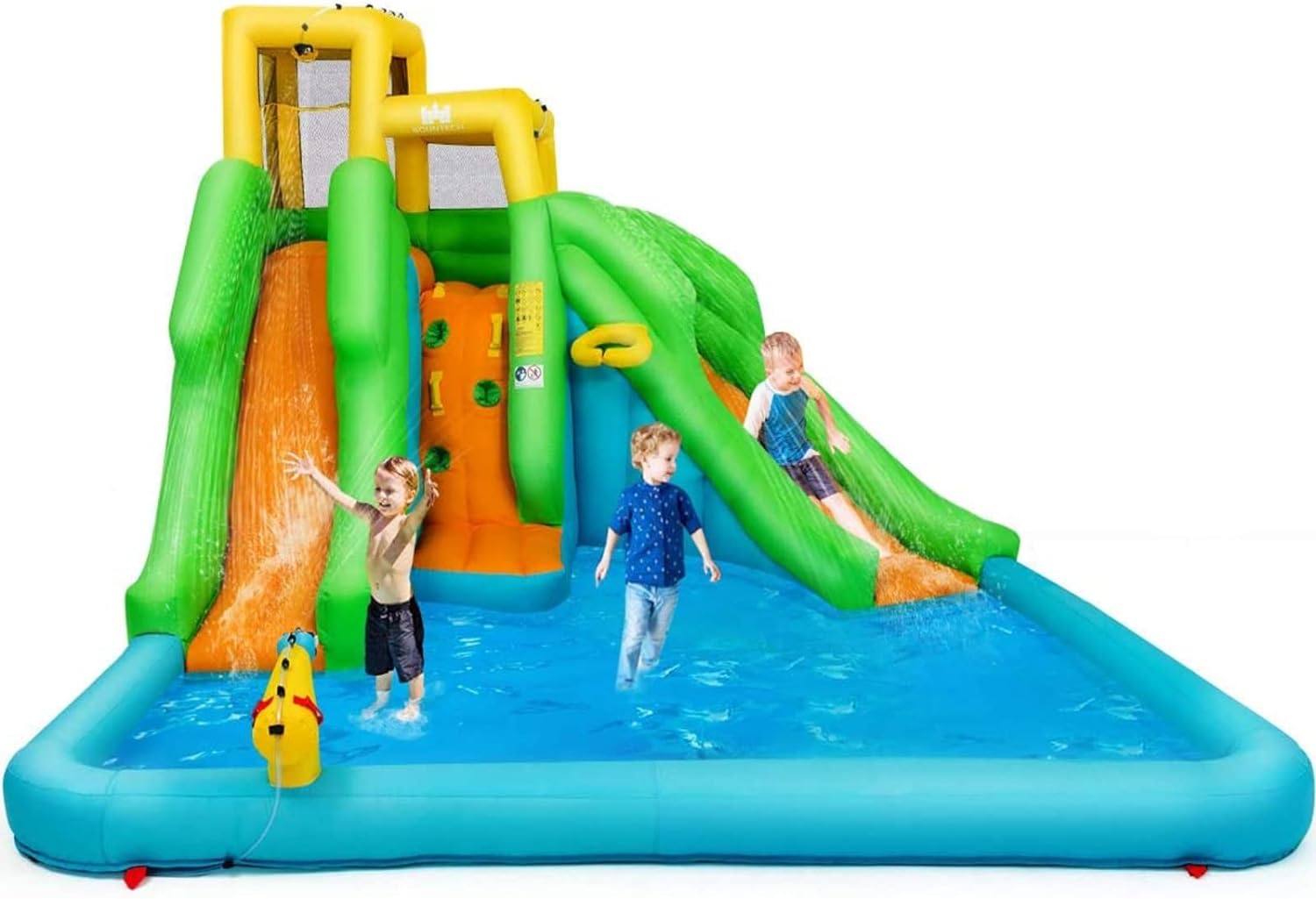 BOUNTECH Inflatable Water Slide, 6 in 1 Giant Water Park for Outdoor Fun with Climbing Wall, Splash Pool, Water Cannon, Water Slides Inflatables for Kids Backyard Party Gift Present (Without Blower)