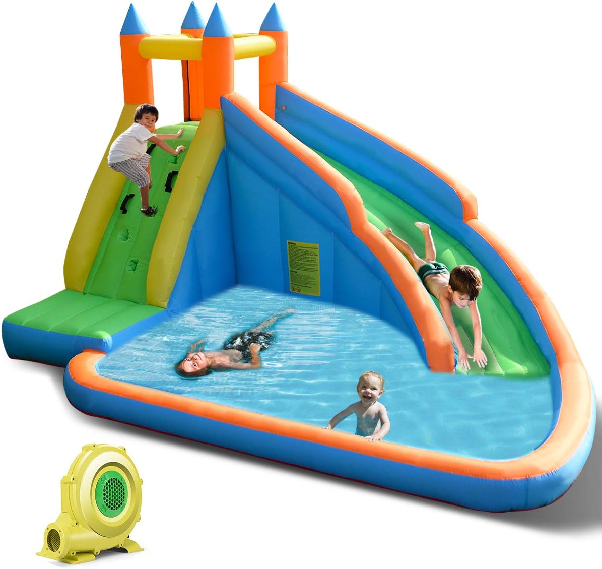 Costzon Inflatable Water Slide, Giant Bouncy Waterslide Park for Kids Backyard Outdoor Fun with 480w Blower, Climbing Wall, Splash Pool, Blow up Water Slides Inflatables for Kids and Adults Party Gift