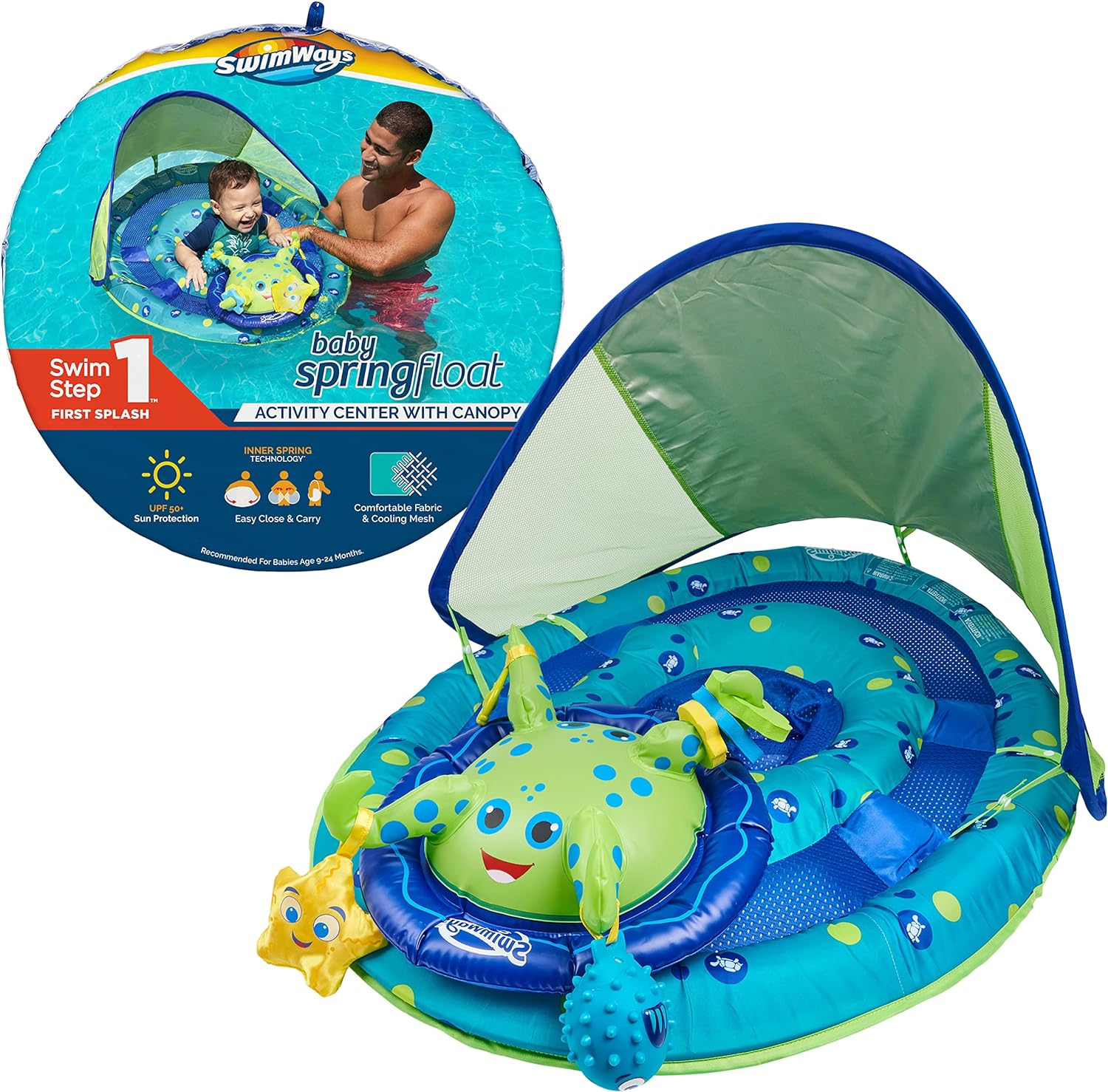 SwimWays Baby Spring Float Activity Center, Baby Pool Float with Canopy & UPF Protection, Pool Toys & Swimming Pool Accessories for Kids 9-24 Months, Green Octopus