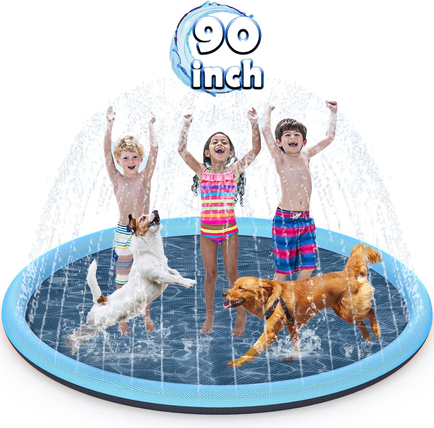 90 Splash Pad, BerrysParadise Outdoor Sprinkler Play Mat Toys for Dogs and Kids Water Toys, Inflatable Wading Pool Extra Large Thicker Thickness Summer Funny Toys for 3-12 Years Old Children and Dogs