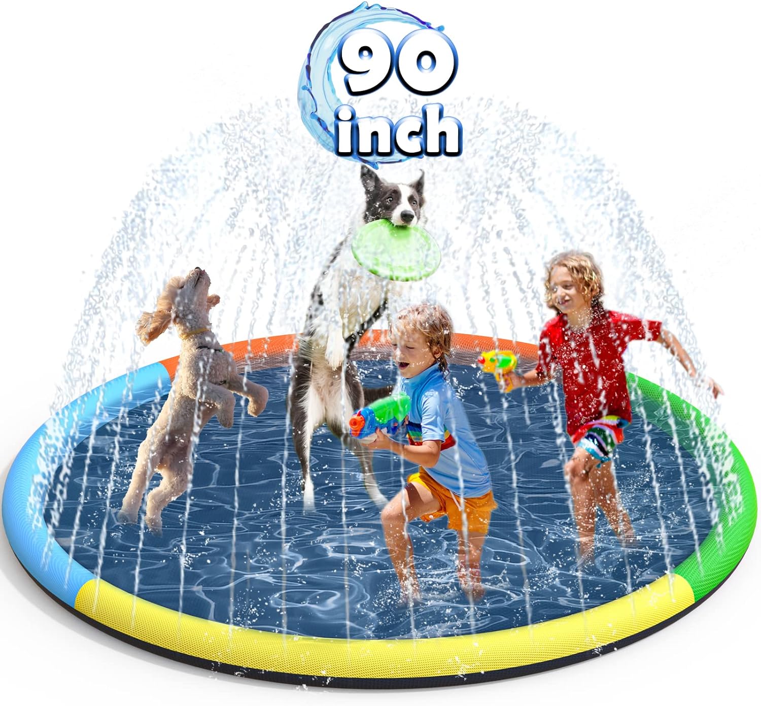 90 Splash Pad, BerrysParadise Outdoor Sprinkler Play Mat Toys for Dogs Kids Water Toys, Inflatable Wading Pool Extra Large Thicker Thickness Summer Funny Toys for 3-12 Years Old Children Boys & Girls