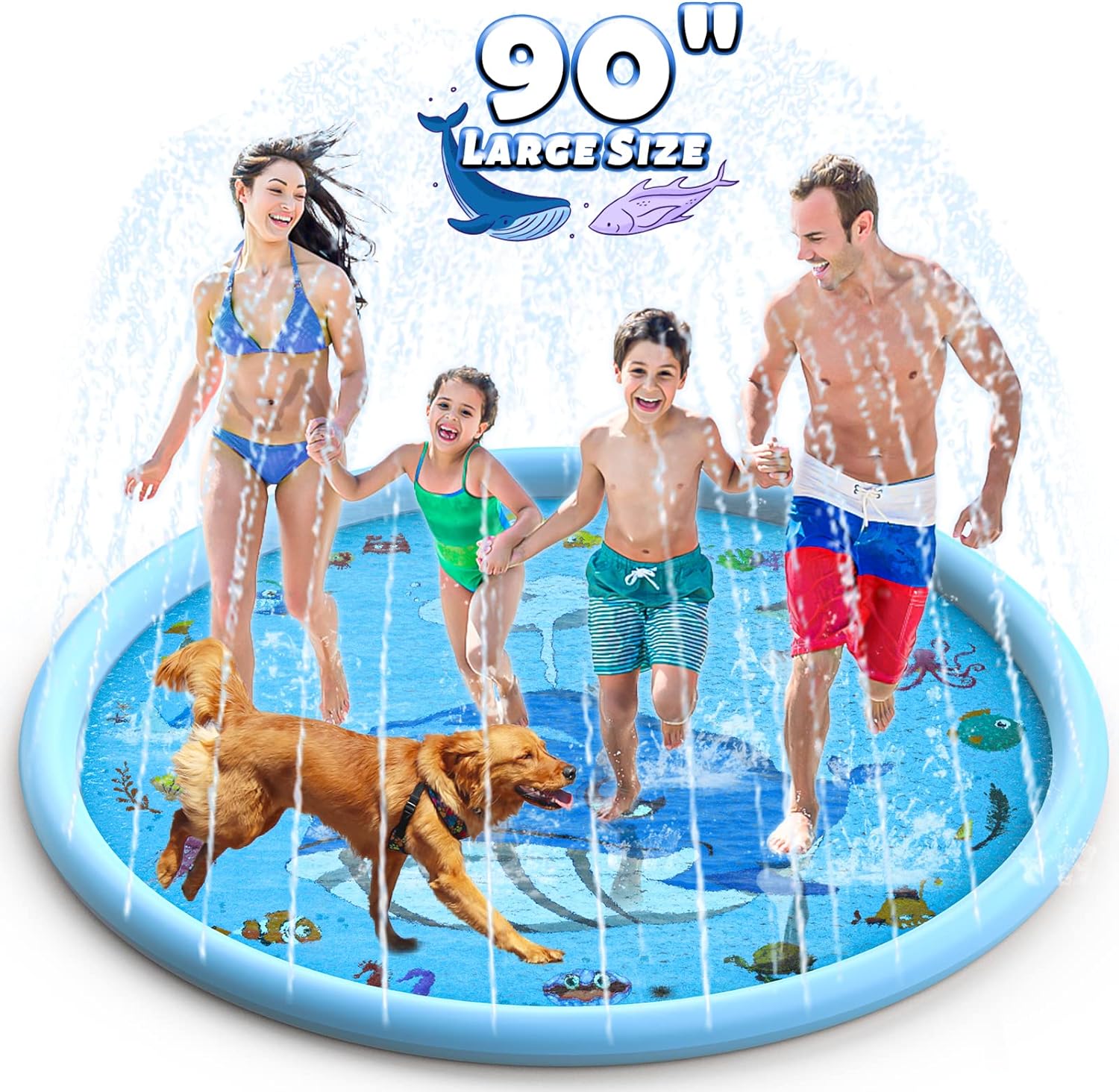 90 Splash Pad, BerrysParadise Outdoor Sprinkler Play Mat Toys for Kids Water Toys, Inflatable Wading Pool Extra Large Thicker Thickness Summer Funny Toys for 3-12 Years Old Children Boys & Girls