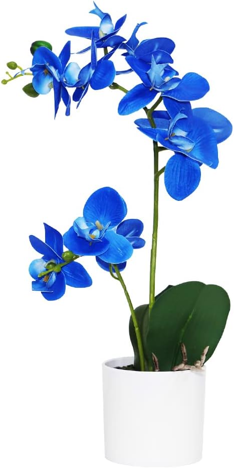 Omygarden Blue Orchid Artificial Flowers in Pot, Fake Potted Orchid Flowers, Decoration for Home Office Wedding