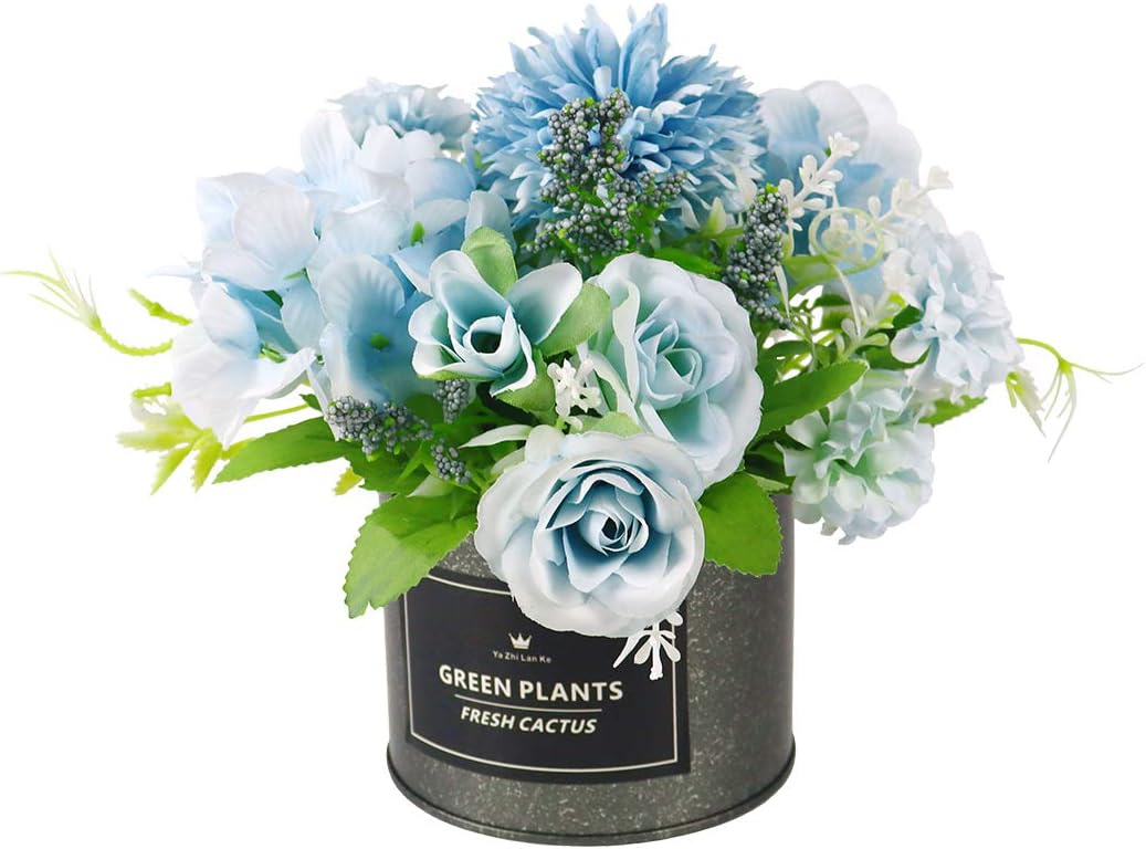 Artificial Flowers Pot Silk Rose Hydrangea Flower with Metal Vase Arrangements Small Bonsai Centerpieces Decor House Office Table (A-Blue)