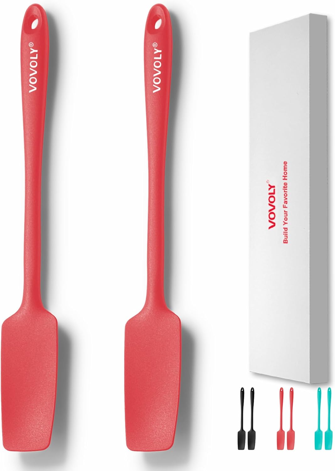 2-Pack Vovoly Silicone Jar Spatula, Long Handle Jar Spatulas, High Heat Resistant Small Rubber Spatula, Seamless Design, Stainless Steel Core, BPA Free, Red