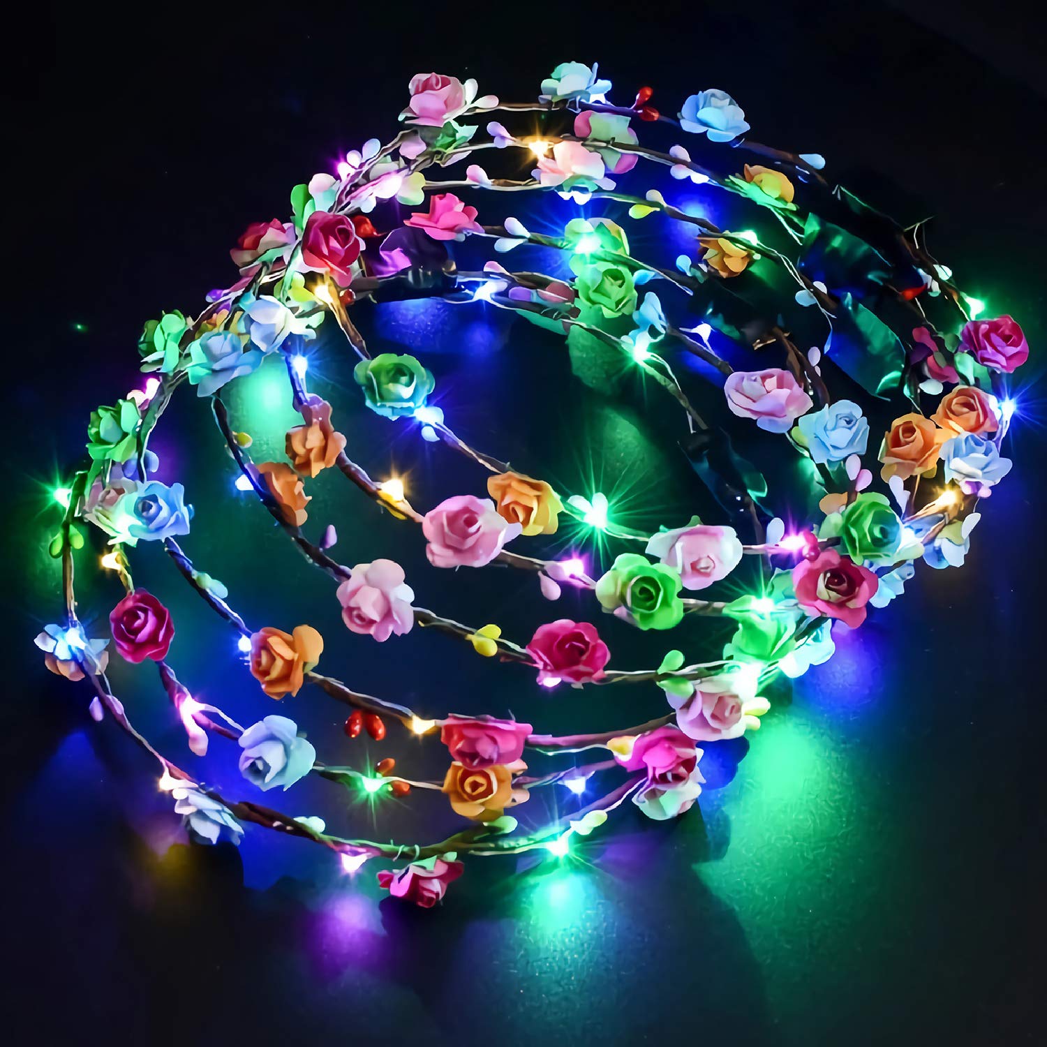 PTHTECHUS 12 Pcs LED Flower Headband Light Up, 20 Hours Works Led Floral Headbands, Include 10 Paper Flowers and 10 Led Light Up Floral Headbands or Holiday Christmas Halloween Party