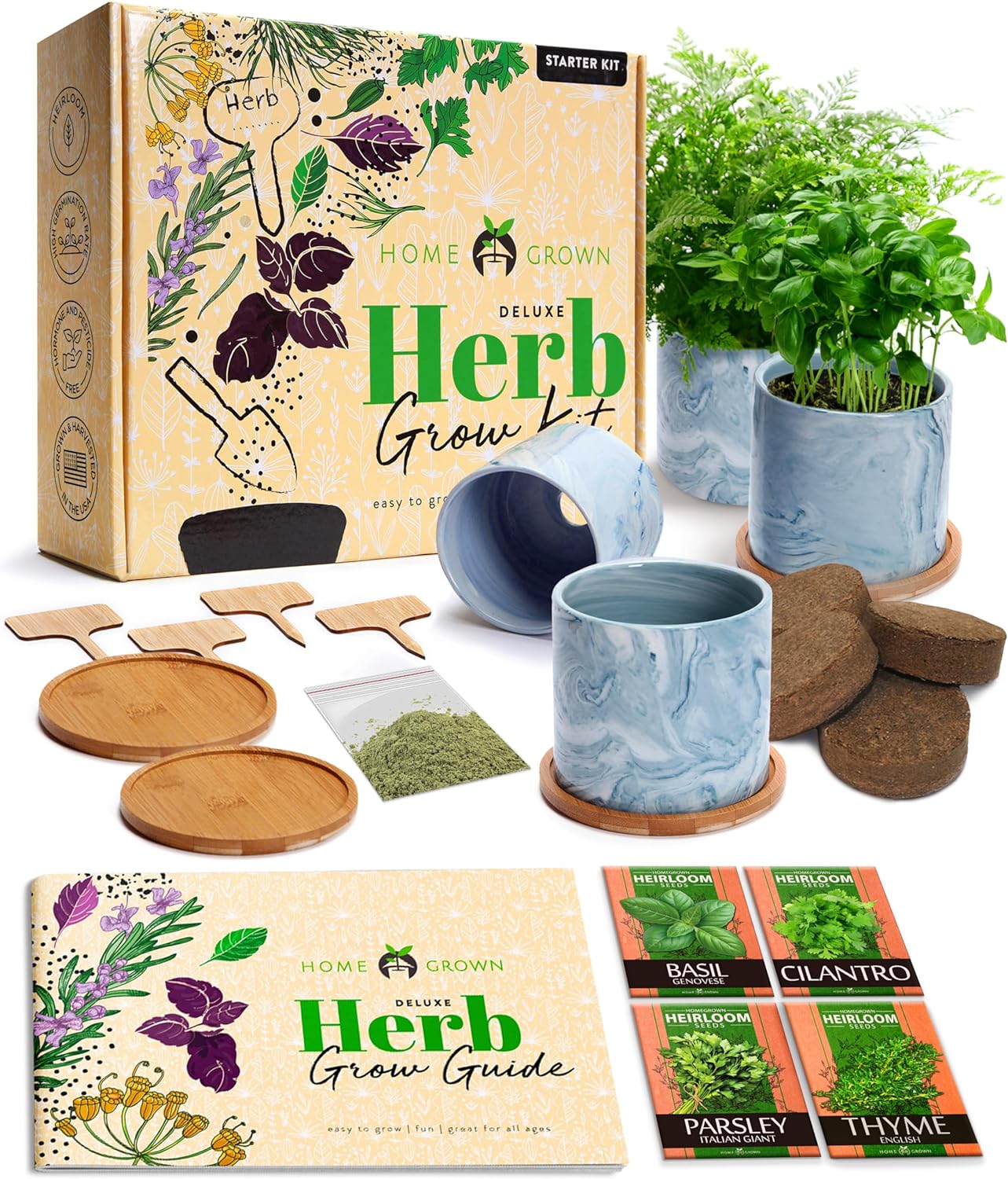 HOME GROWN Indoor Herb Garden Kit w/Glazed Ceramic Pot - Easy-to-Grow Kitchen Window Gardening Starter Set - Unique Housewarming Gift for Women, Mom, Gardeners, Friend, Her, Mother