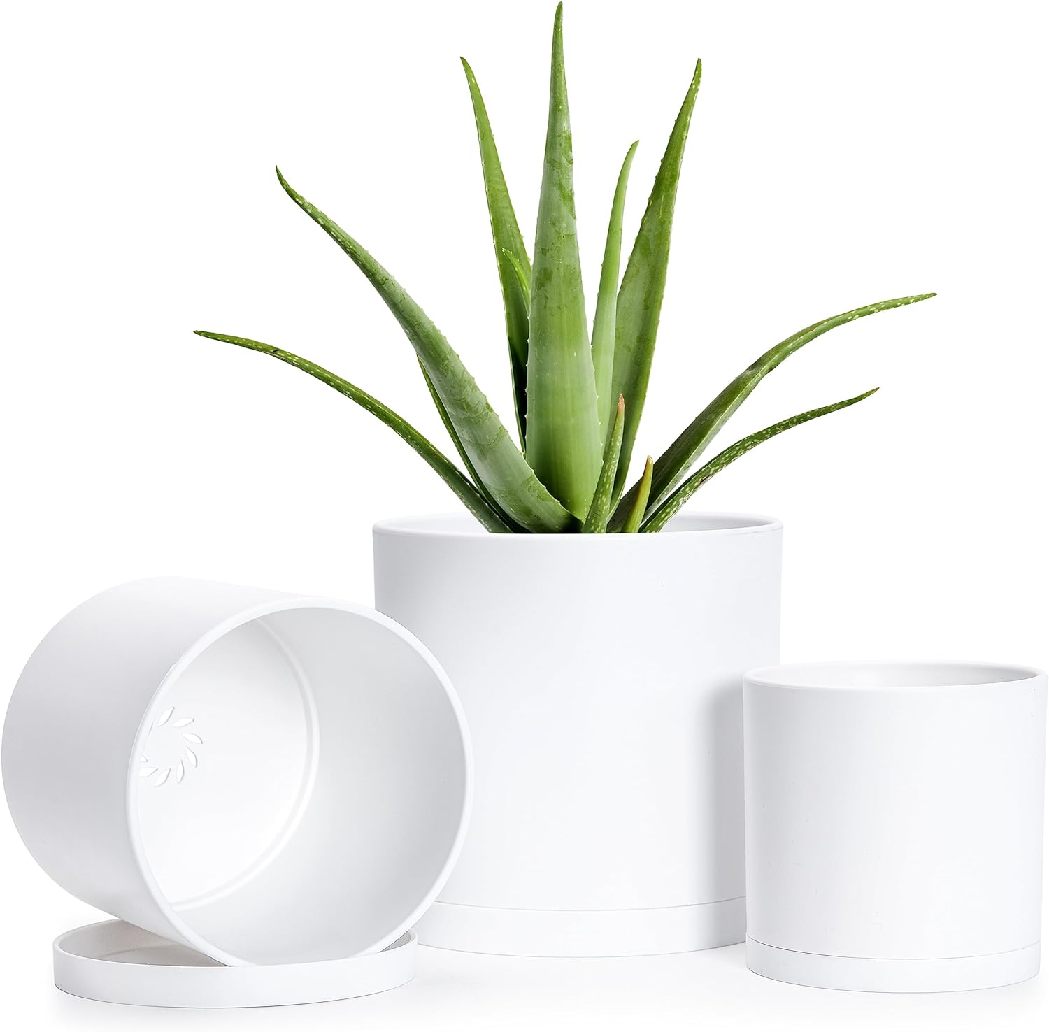 D'vine Dev 4 Inch 5 Inch 6 Inch, Set of 3 Plastic Planter Pots for Plants with Drainage Hole and Seamless Saucers, White Color, Small, 74-E-S-1